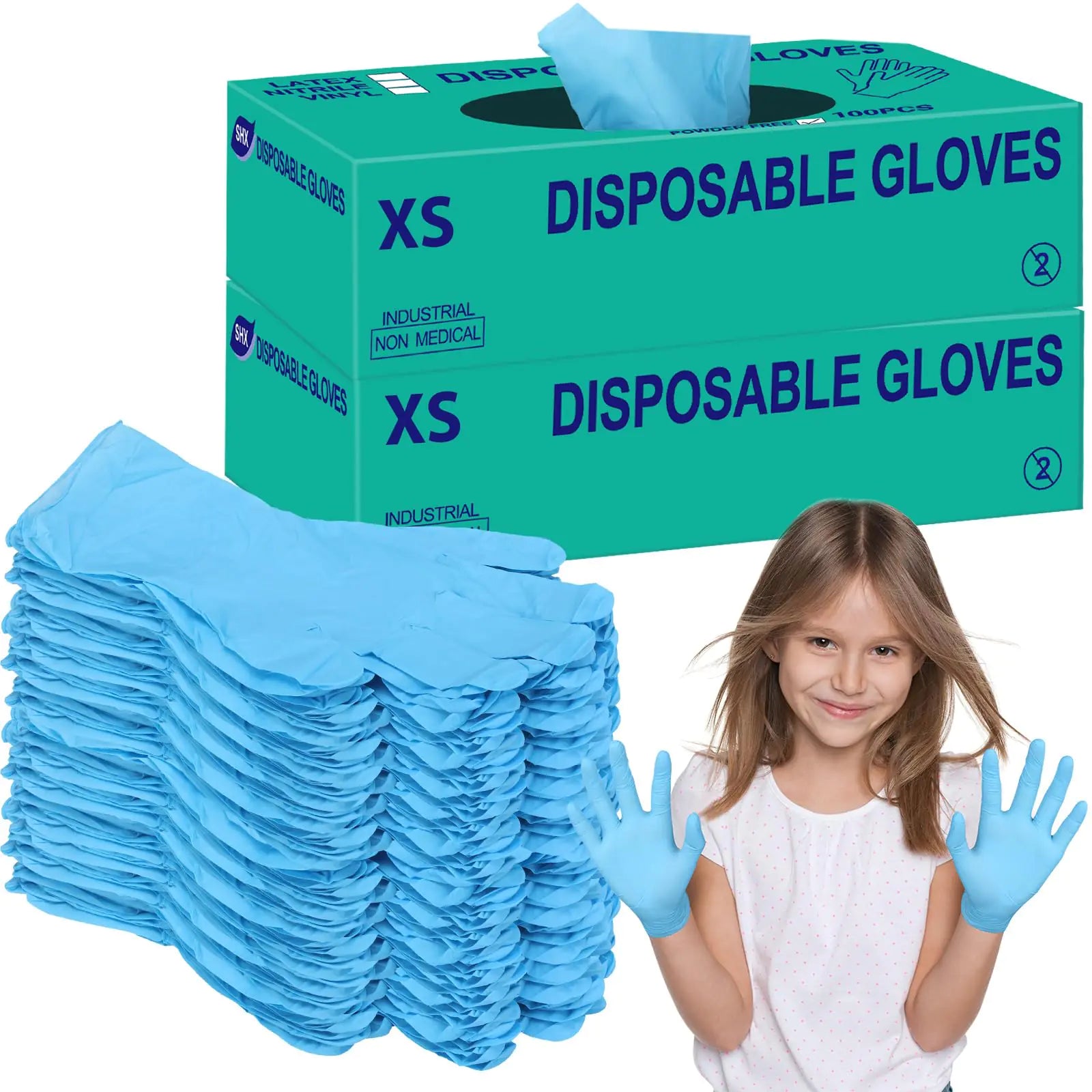 Woanger 200 Pieces Kids Nitrile Gloves Disposable Gloves Kids Cleaning Gloves Blue Household Cleaning Gloves No Latex for Cooking Gardening Crafting Painting Cooking Cleaning (X-Small)