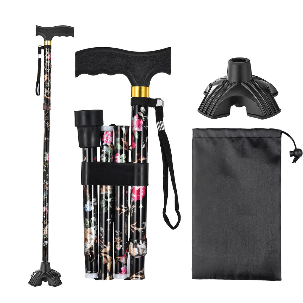 MASYN Folding Walking Cane for Men & Women - 5 Level Adjustable Portable Walking Stick with 2 Replaceable Nonslip Rubber Tip - Ergonomic T-Handle - Includes Carry Pouch