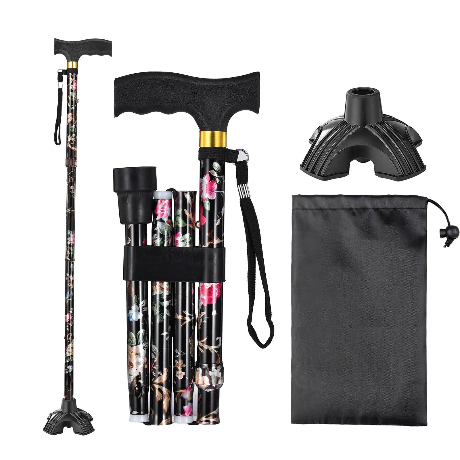MASYN Folding Walking Cane for Men & Women - 5 Level Adjustable Portable Walking Stick with 2 Replaceable Nonslip Rubber Tip - Ergonomic T-Handle - Includes Carry Pouch