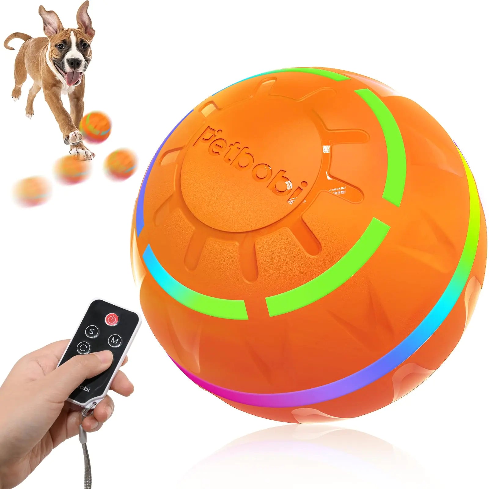 Petbobi Active Rolling Ball for Dogs - Remote Control Interactive Dog Toys 2 Modes Motion Activated Self Moving with USB Rechargeable Durable Pet Ball for Medium Large Dog Fun LED Light Orange