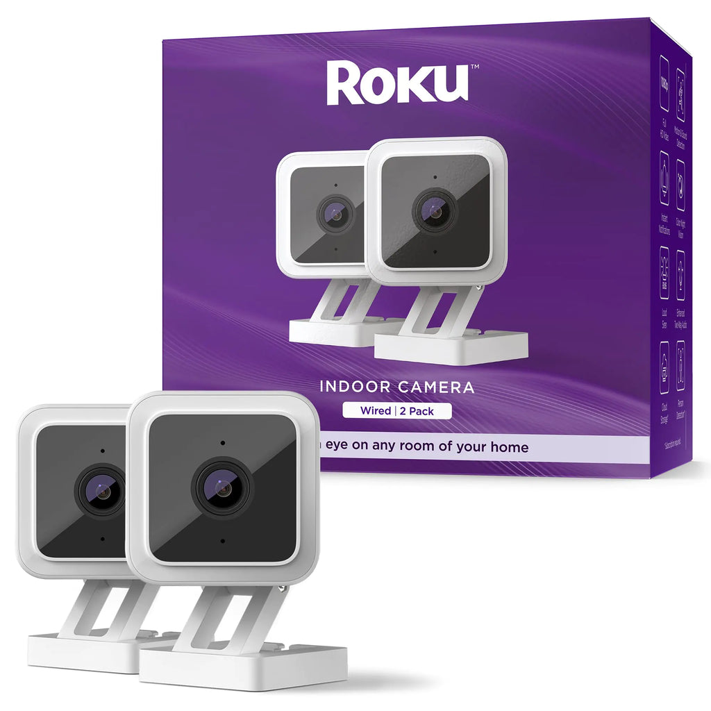 Roku Indoor Camera for Home Security 2-Pack - Wired Security Camera with 1080p HD Color Night Vision Compatible with Alexa & Google Motion & Sound Detection Built-in Siren (Renewed)