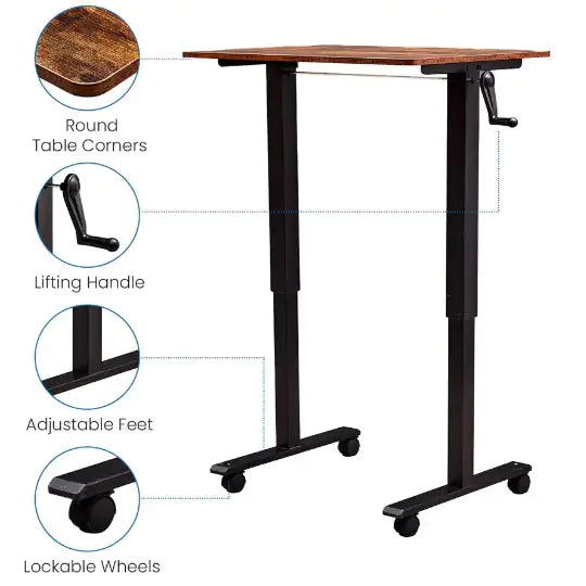 Hand Crank Adjustable Office Desk Height Adjustable, With Flat Metal Legs Or Rolling Wheels  Perfect For Home, Office, Gaming, Or Study Use