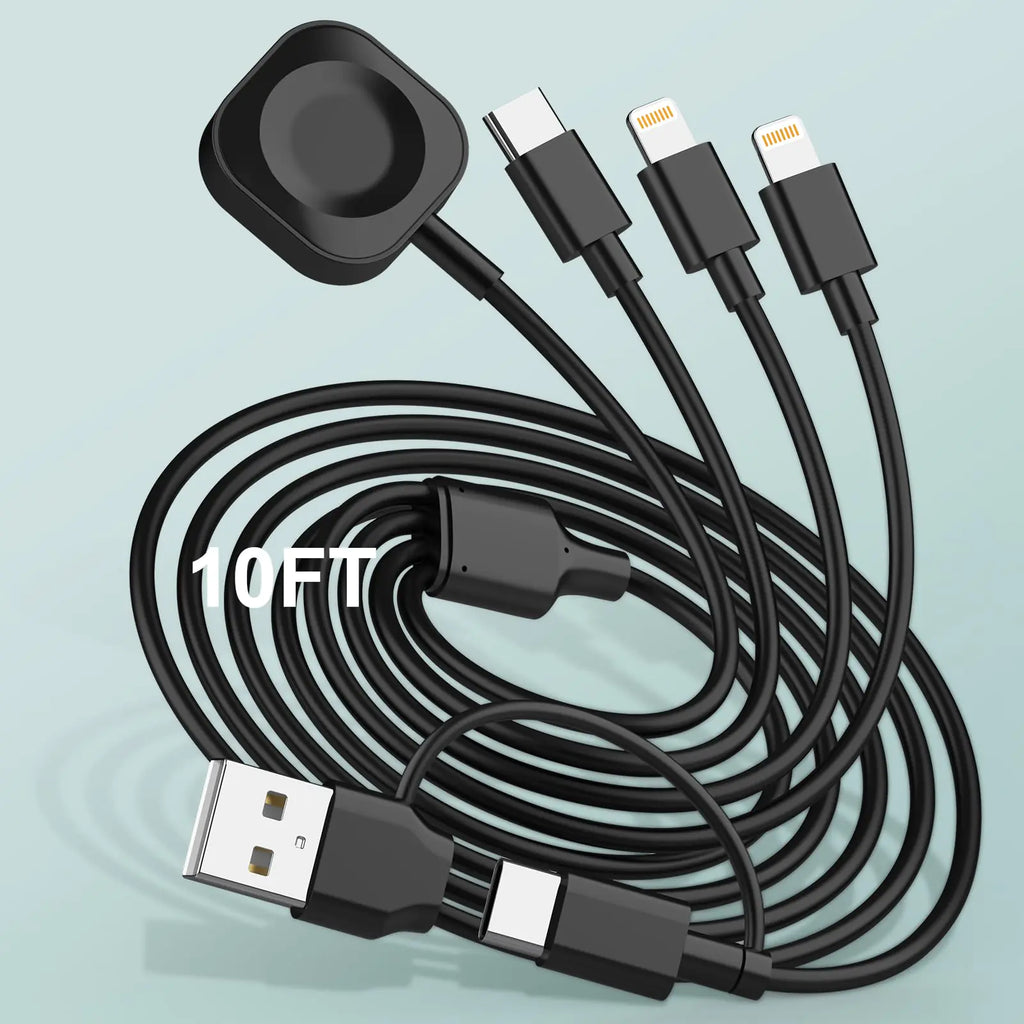 6in1 Multi Charging Cable for iWatch Charger 10FT USB A/C Fast Charging Cord Cable Compatible with iWatch Ultra/SE/9/8/7/6/5/4/3 & iPhone 16/15/14/13/12/11/GalaxyUniversal Travel Charger -Black