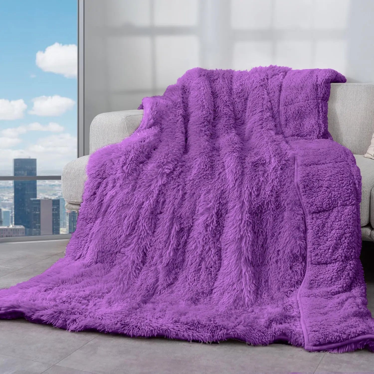 Weighted Blanket 15lbs Cottonblue Sherpa Faux Fur Reversible Luxury Snugly Long Fur Warm Heavy Blanket 60x80 inches Warm Plush Sherpa Weighted Blankets for Couch Sofa Bed Chair Photo Prop Purple