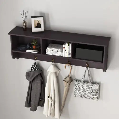 Espresso Entryway Wall Mounted Coat Rack With 4 Dual Hooks Living Room Wooden Storage Shelf