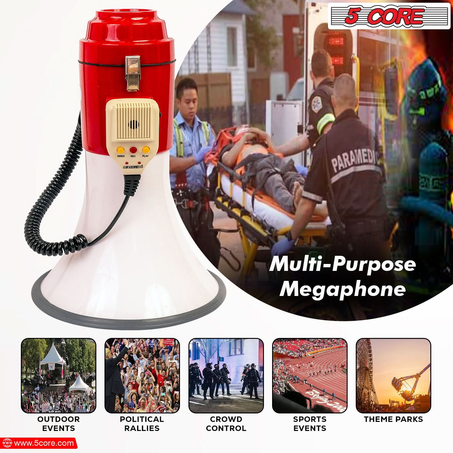 5Core Megaphone Bullhorn Speaker Pro 60W Bull Horn Non Rechargeable