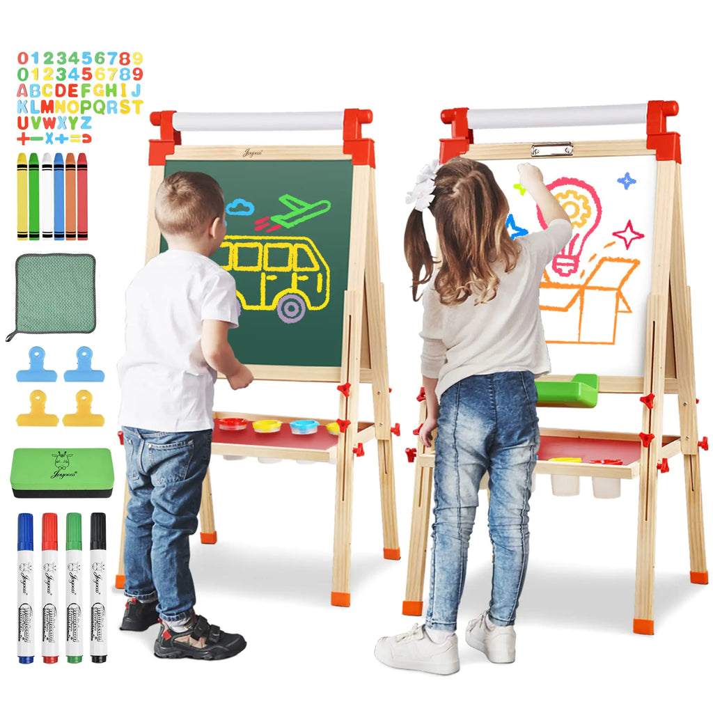 JOYOOSS 3 in 1 Kids Wooden Art Easel with Bonus Kids Art Supplies Double Sided Children Easel Chalkboard/Magnetic Dry Erase Board - Toddler Easel with Storage Bins for 3~12 Years Kids