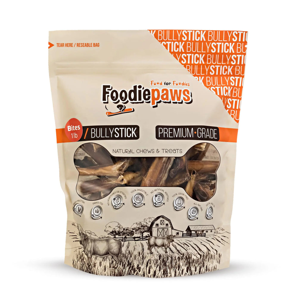 FOODIEPAWS All Natural Bully Sticks Bites Odor Free USA Packed for Medium Large Dogs 100% Free Range Grass Fed Beef Single Ingredient Dental Dog Chews 1lb 1 Count (Pack of 1)