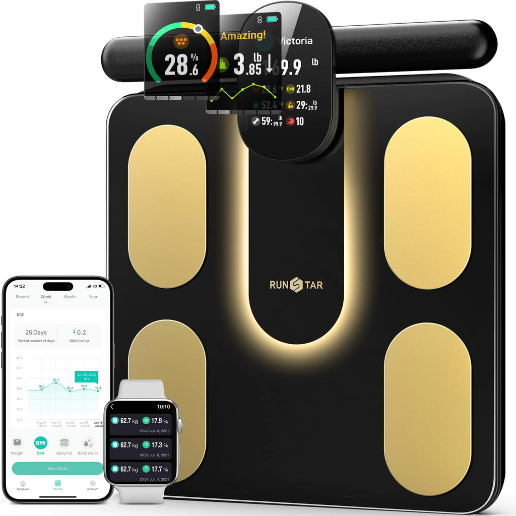 Runstar Smart Scale FSA or HSA Eligible 8 Electrodes Digital Bathroom Scale for Body Weight and Fat BMI Muscle Mass 28 Body Composition Measurement with Full-Color TFT LCD on Retractable Handle