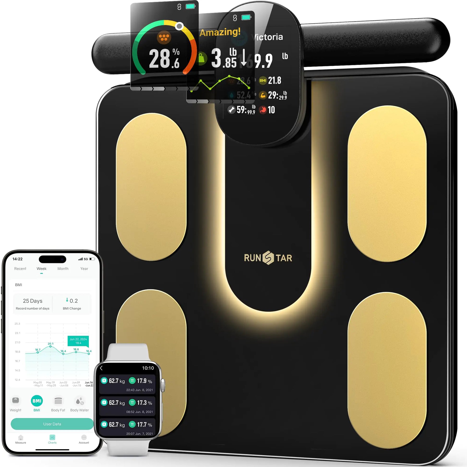 Runstar Smart Scale FSA or HSA Eligible 8 Electrodes Digital Bathroom Scale for Body Weight and Fat BMI Muscle Mass 28 Body Composition Measurement with Full-Color TFT LCD on Retractable Handle