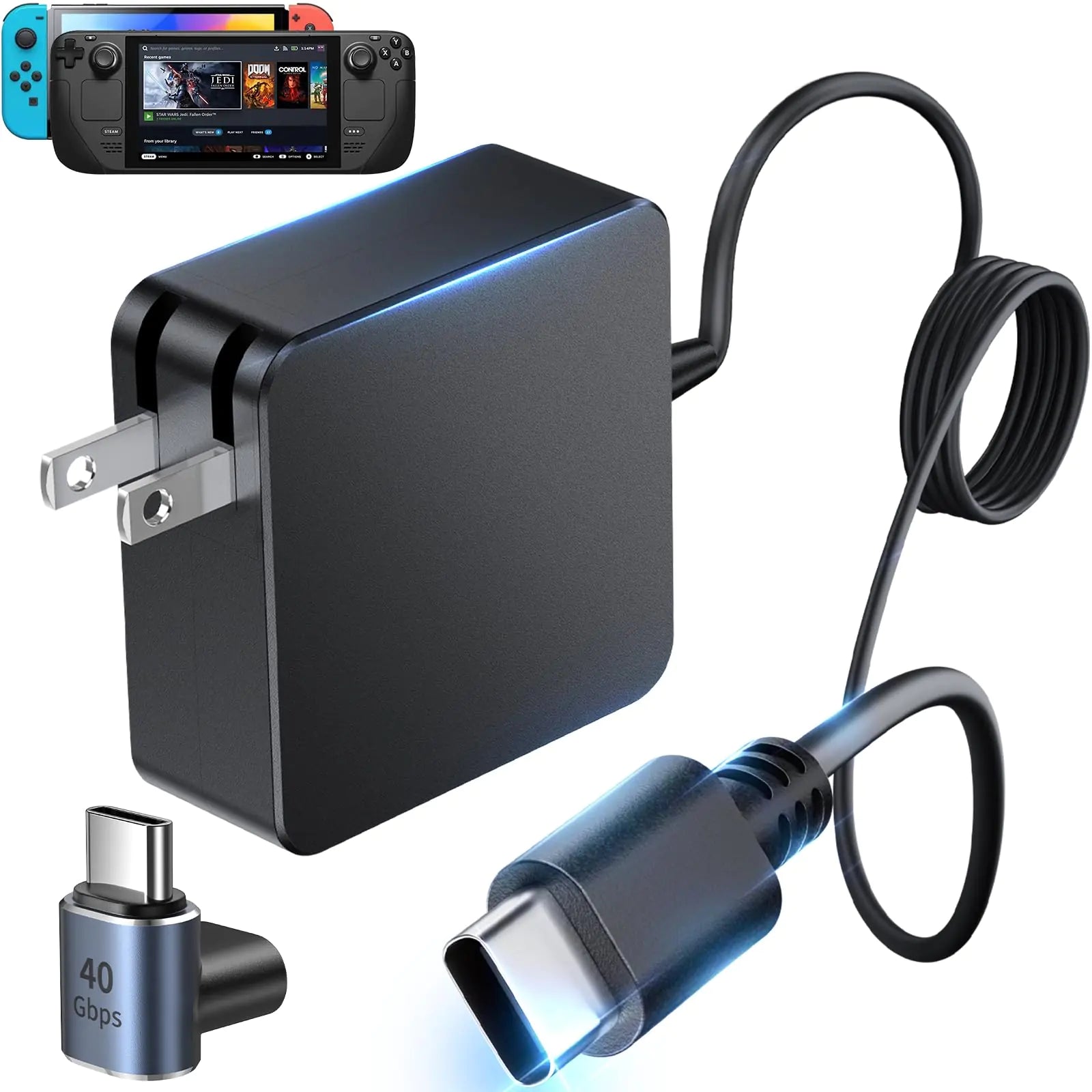 45 Watt Charger for Steam Deck for Nintendo Switch Lite/OLED/Charging Station/Dock Sat Switch/XBX/PS5 Controller Stream Deck AC Adapter USB C Fast Charger with 90 Degree Right Angle USB C Adapter