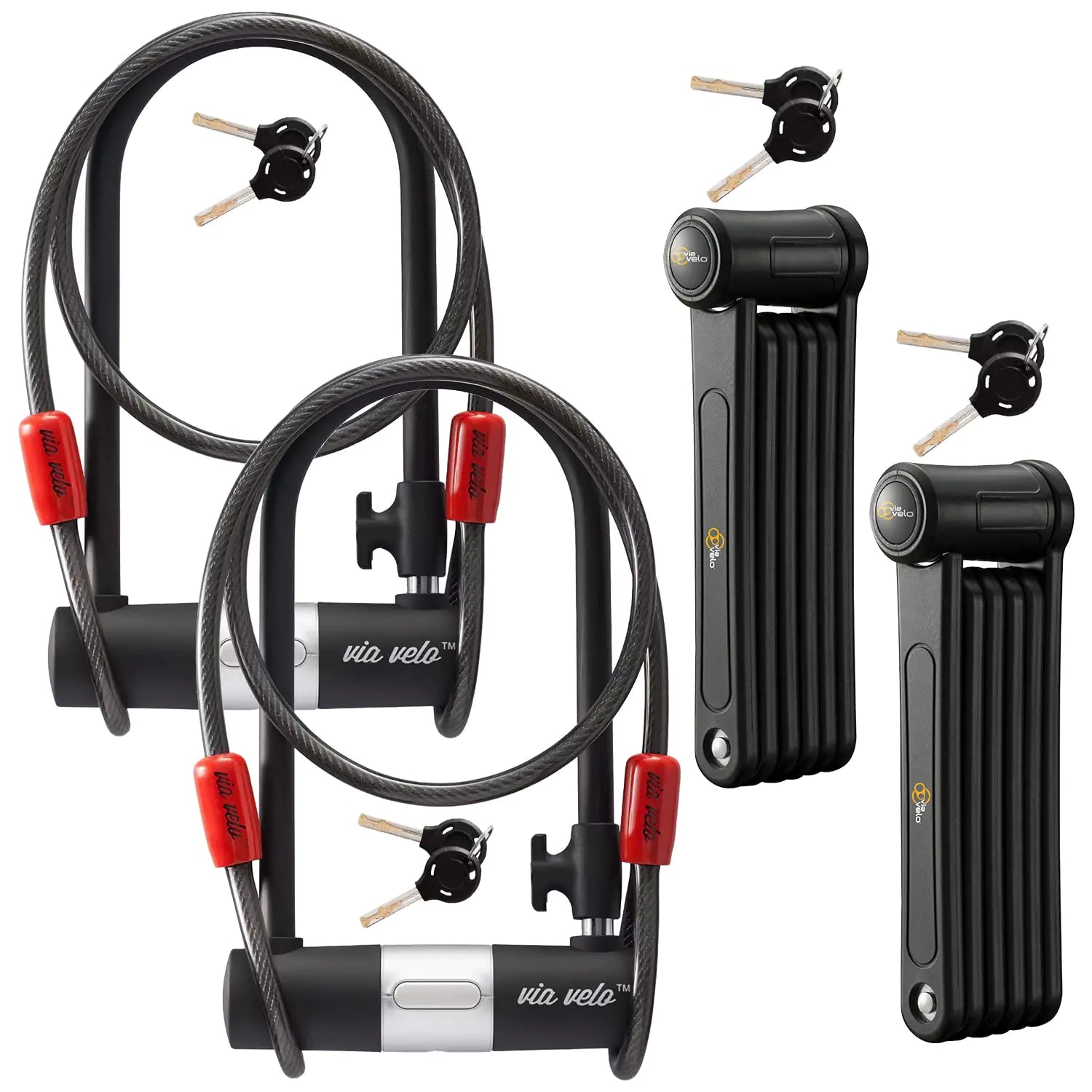 Via Velo 4-in-1 Bike Lock Set Heavy-Duty Steel Folding Lock 11" Bicycle U-Lock 6 Cable for Electric Bikes and Scooters