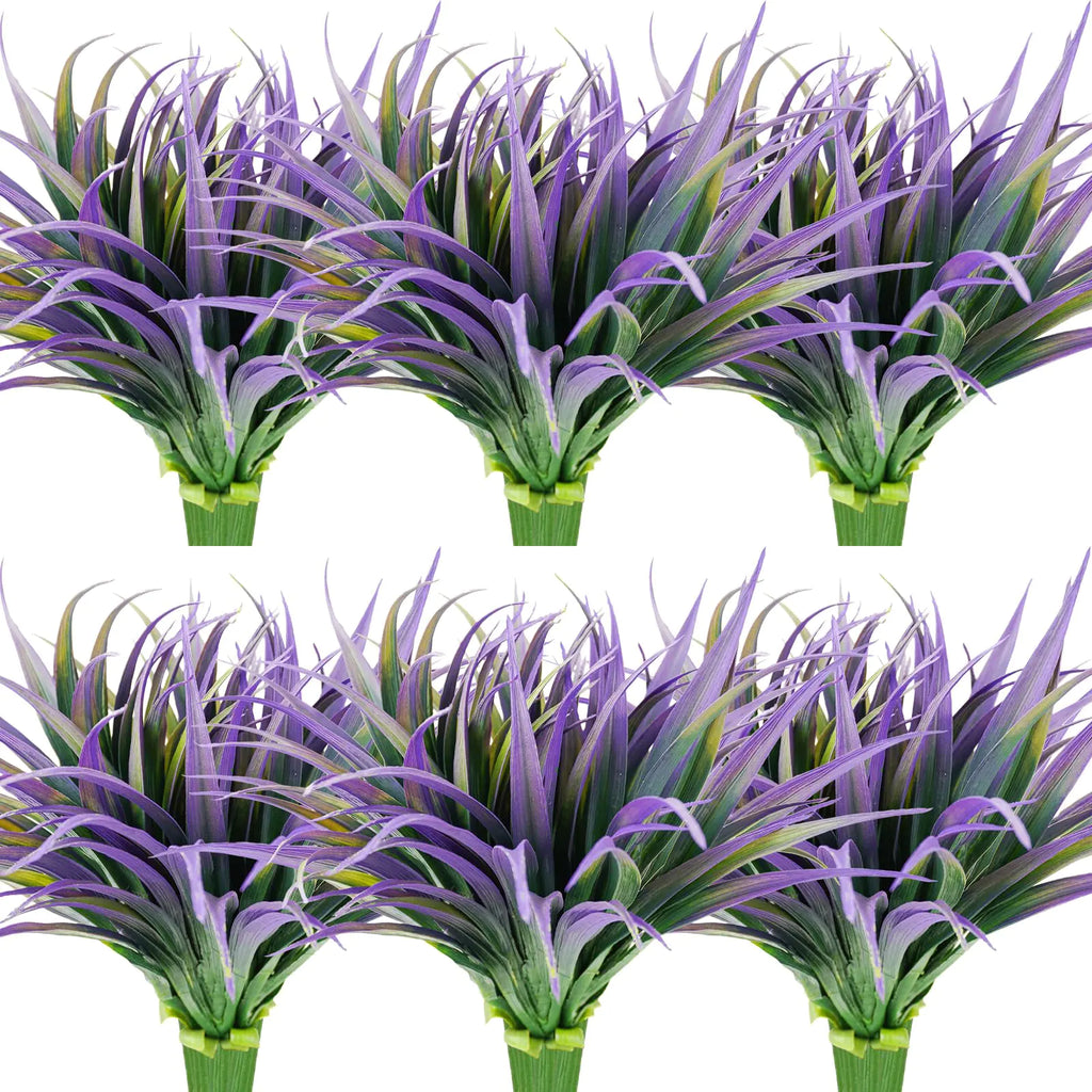 Dehoxara 24Pcs Artificial Grass Plant Fake Outdoor Plastic Plants UV Resistant Faux Grasses Greenery Shrubs for Window Box Garden Patio Porch Home Decor Light Purple