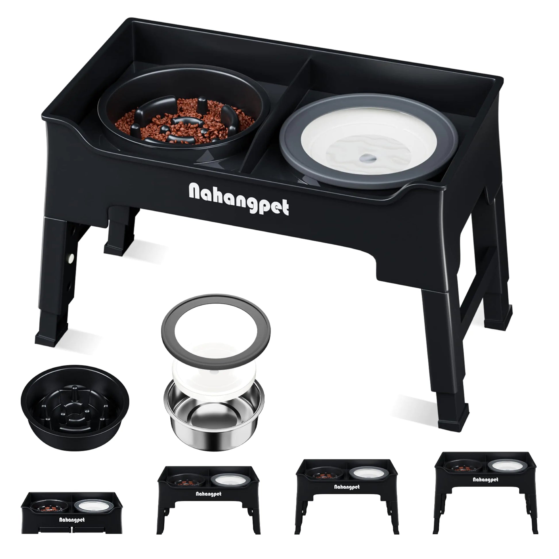 NAHANGPET 2-in-1 Elevated Dog Bowls Mess Proof Slow Feeder Dog Bowl with No Spill Water Bowl 4 Heights Adjustable 2 Different Combinations Raised Dog Bowl for Small Medium and Large Dogs(Black)