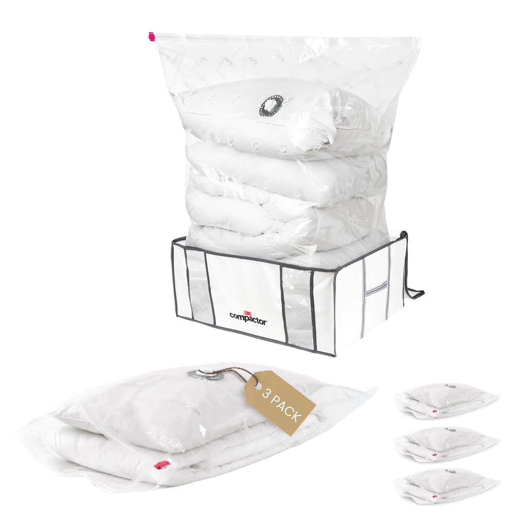 Compactor Space Saving Combo with XXL Semi Rigid Storage Box + 3 Large Vacuum Storage Bags Space-Saver Sealing Bags Vacuum Sealed Bags for Clothing