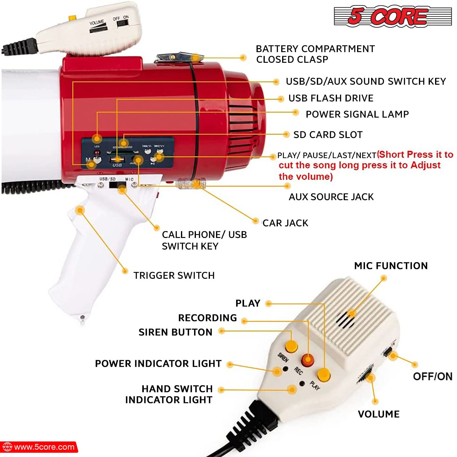5Core Megaphone Bullhorn Speaker Pro 60W Bull Horn Non Rechargeable