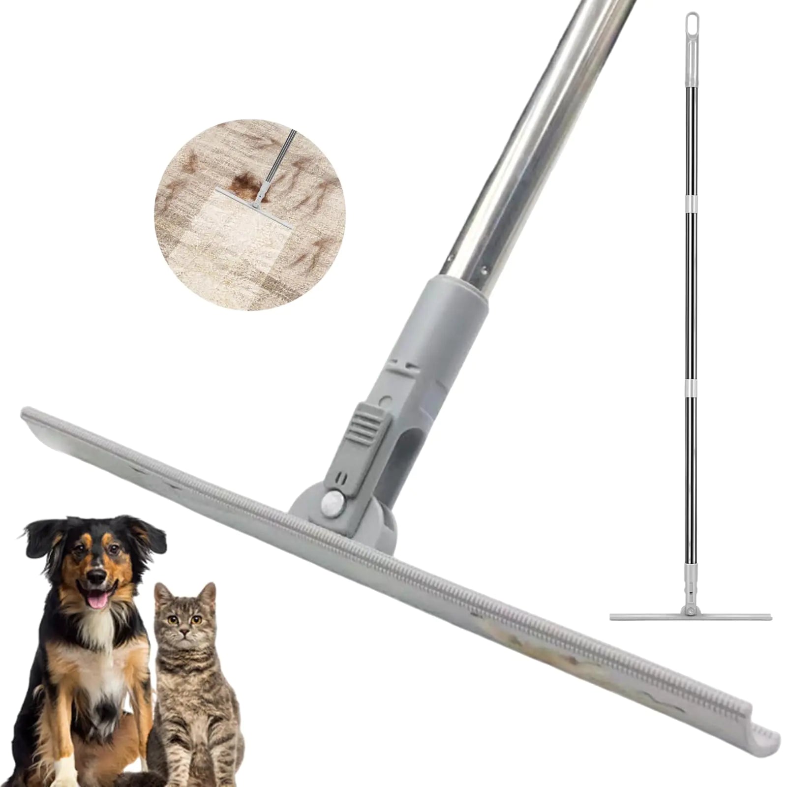 Carpet Rake for Pet Hair Removal FireBee 47" Adjustable Long Handle Pet Hair Remover Self-Locking Fixed Nylon Head Easy Storage Large Fur Scraper Tool for Rugs Couch Stair & Pet Beds
