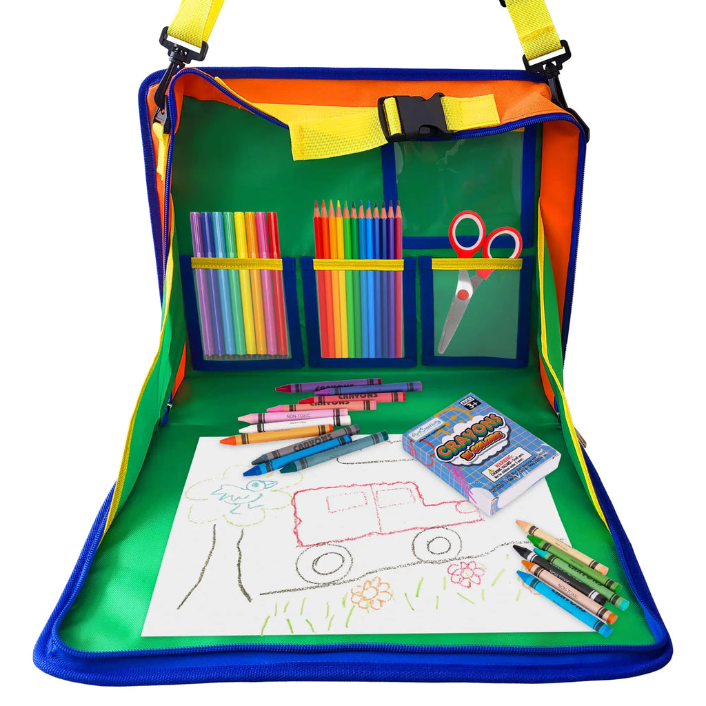 ArtCreativity Kids Travel Tray with Crayons and Paper - Adjustable Car Seat Table Tray with 16 Crayons 20 Paper Sheets and 5 Clear Pockets for Storage - Road Trip Travel Tray for Kids