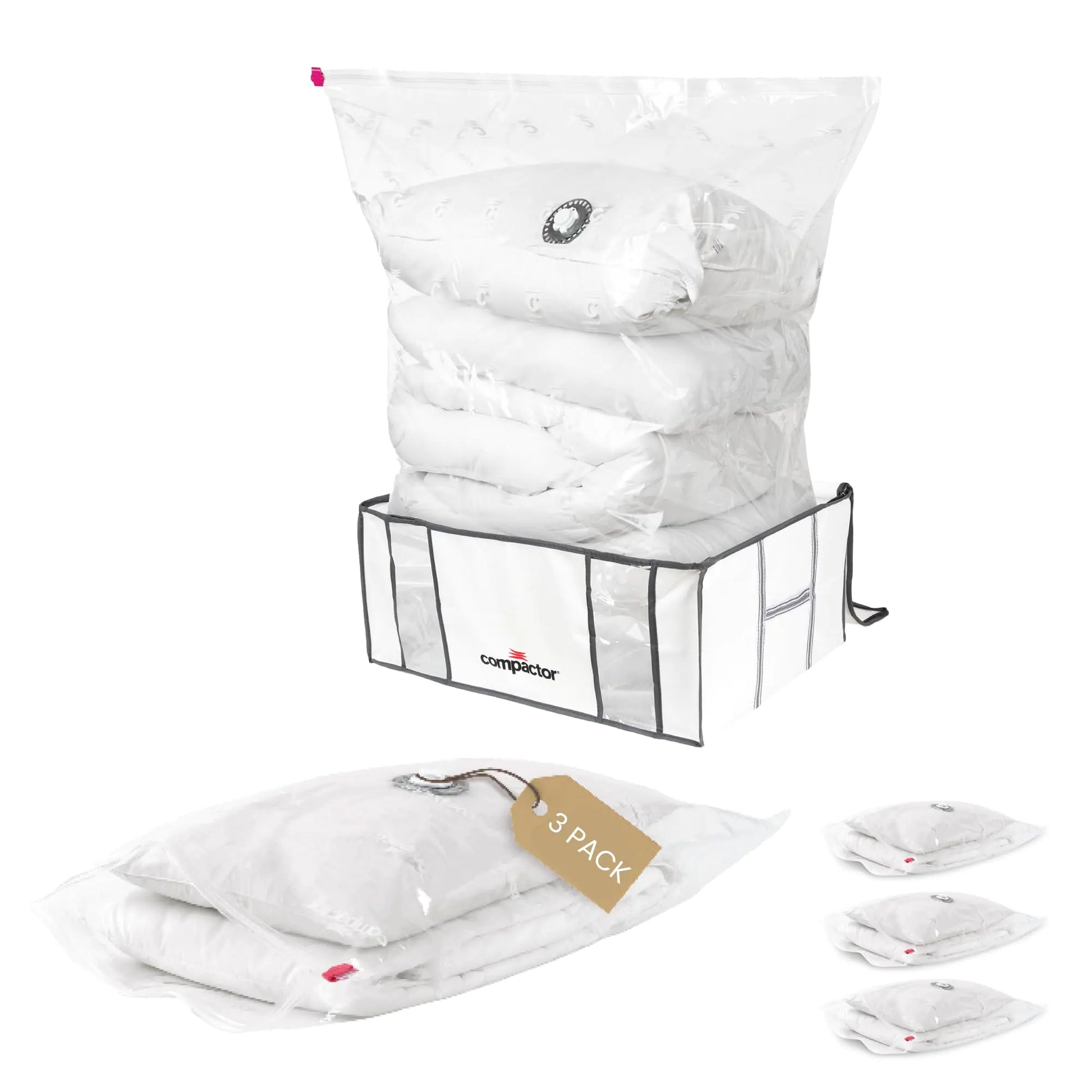Compactor Space Saving Combo with XXL Semi Rigid Storage Box + 3 Large Vacuum Storage Bags Space-Saver Sealing Bags Vacuum Sealed Bags for Clothing