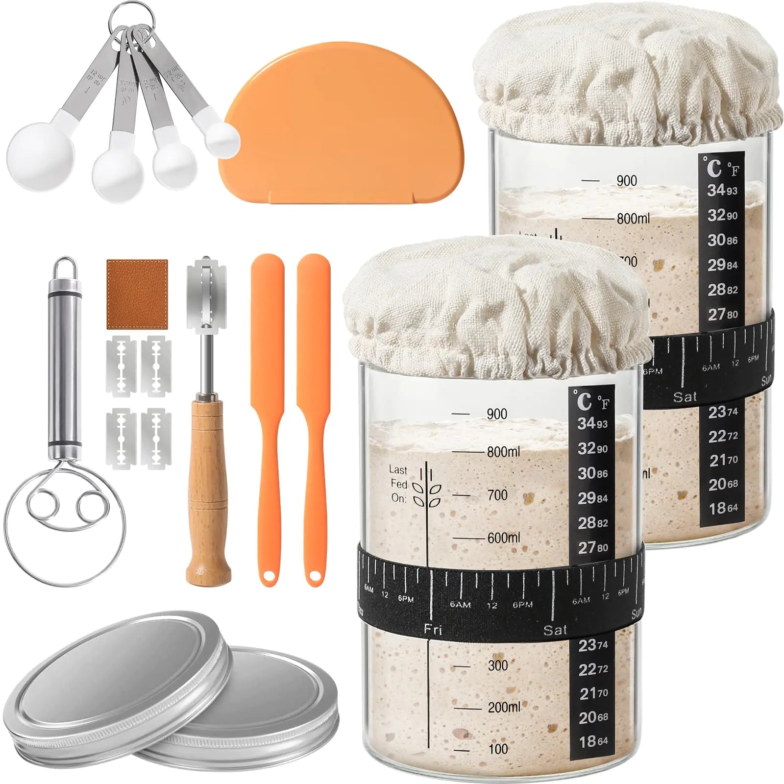 RYTOXILO Sourdough Starter Jar Kit 34 Oz Glass Sourdough Jars Wide Mouth 9 Pack Gluten Free Large Bread Starter Container Set Sourdough Bread Baking Supplies with Scoring Tool Whisk Scraper