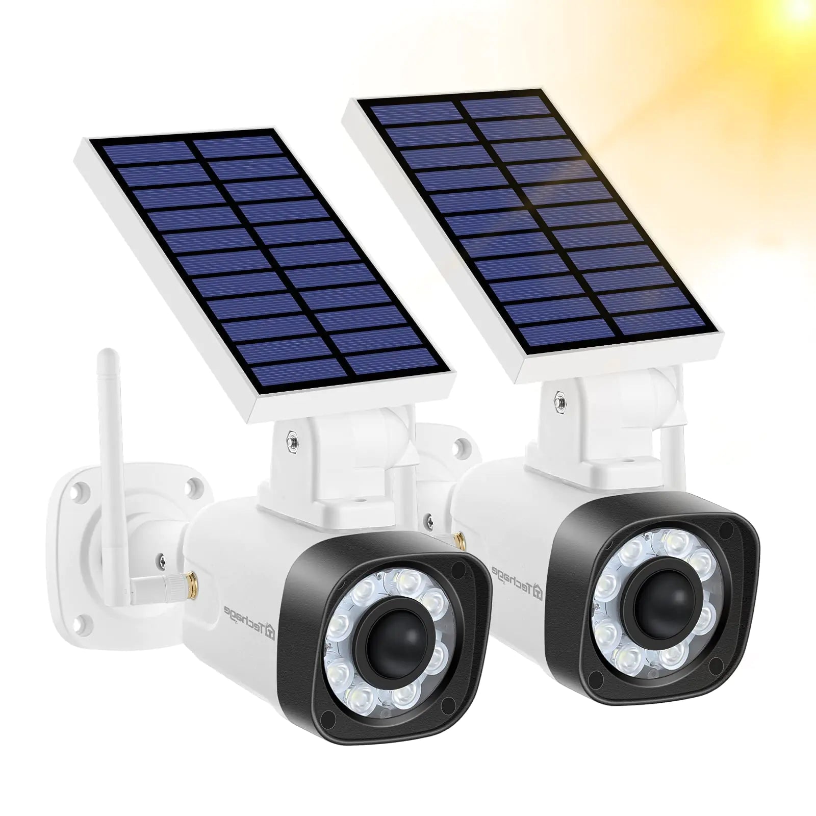 Fake Security Camera - Techage Solar Powered Dummy Cameras with Red LED Light and Motion Detection IP66 Waterproof Simulated Surveillance Cam for Outdoor Security Packs of 2(White)