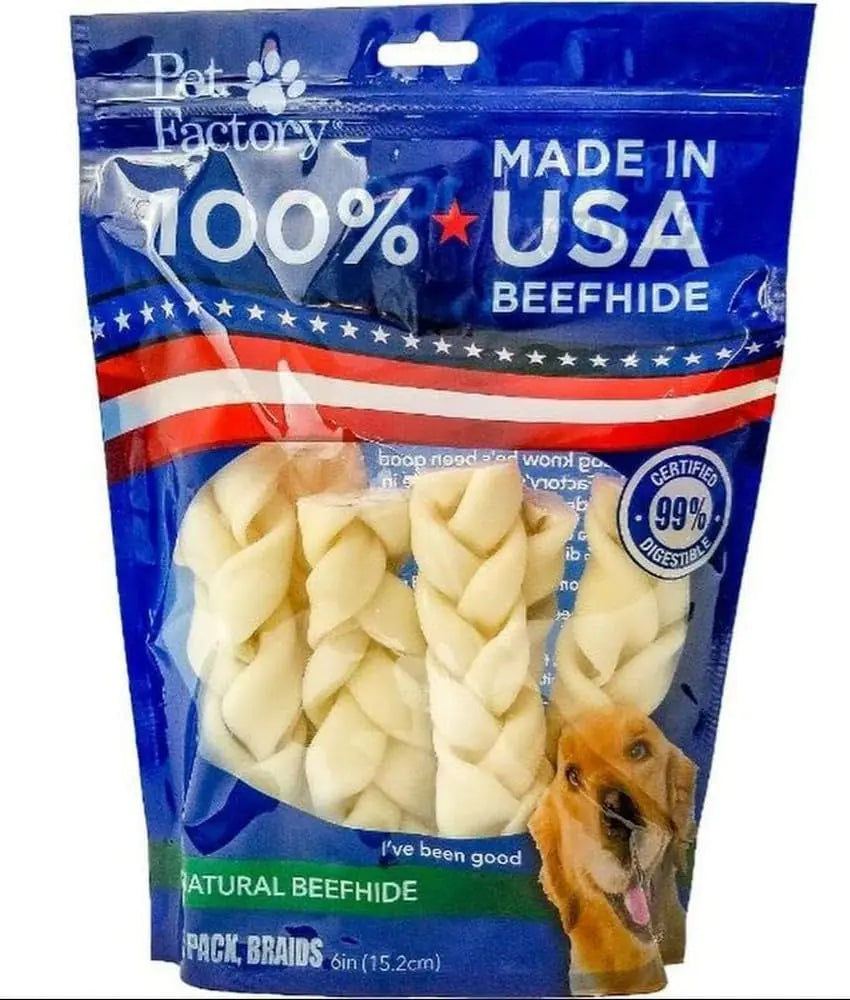 Pet Factory 100% Made in USA Beefhide 6" Braided Sticks Dog Chew Treats - Natural Flavor 6 Count/1 Pack