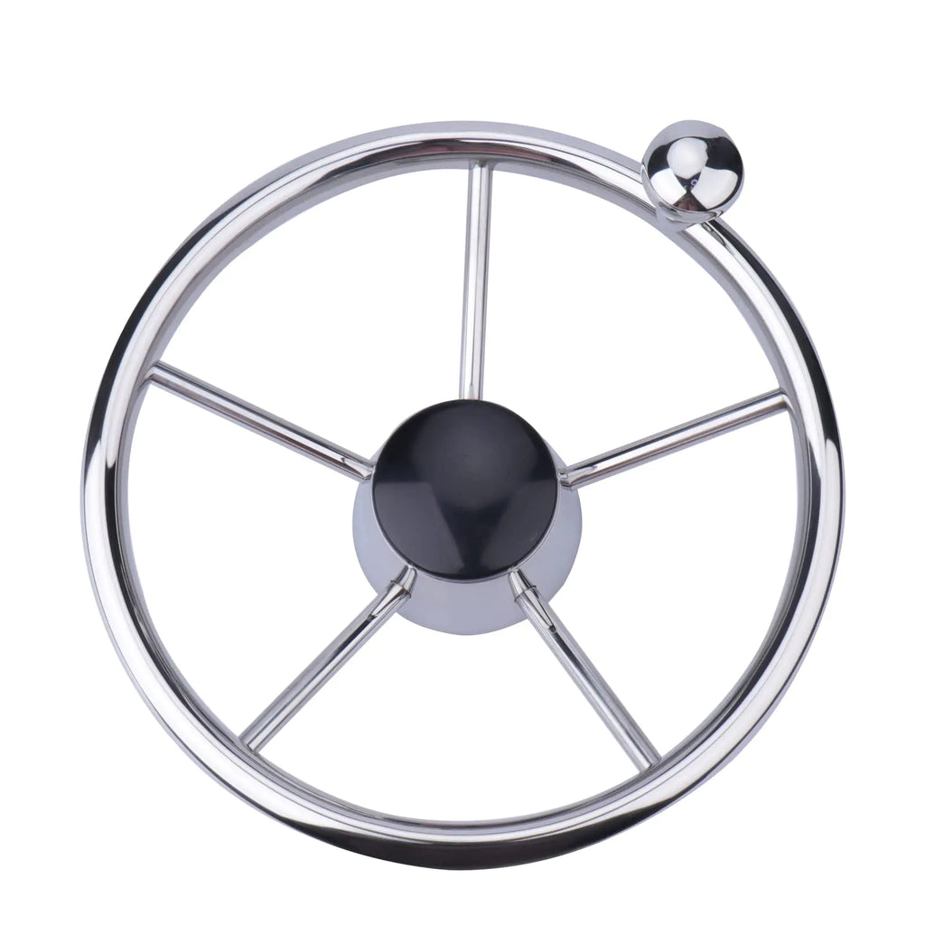 11 inch Sport Boat Steering Wheel Stainless Steel 5 Spoke 25 Degree Destroyer Style with Knob & Center Cap