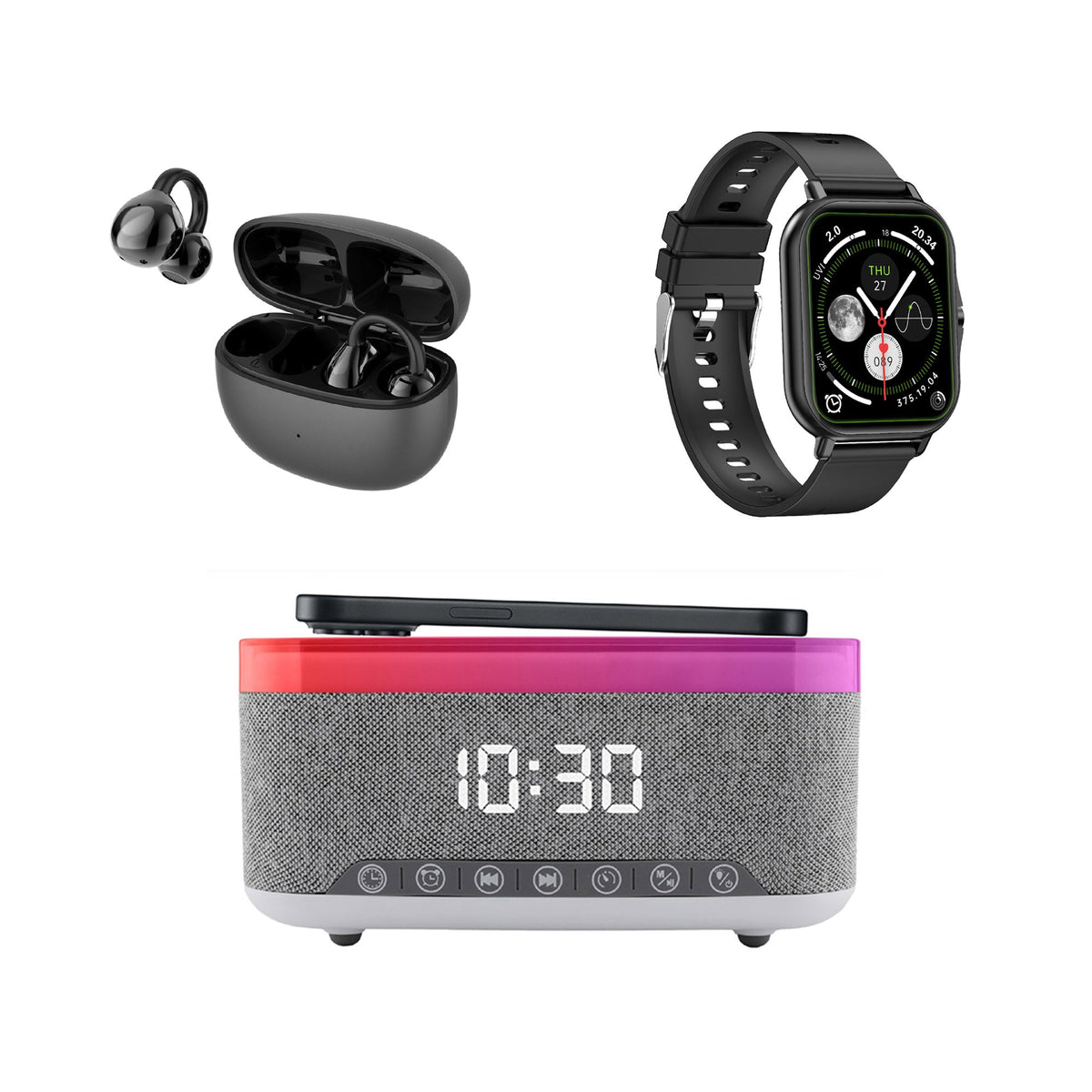 Ultimate Smart Living Bundle – Bluetooth Smart Watch, True Wireless Earbuds & 5-in-1 Alarm Clock Hub-0