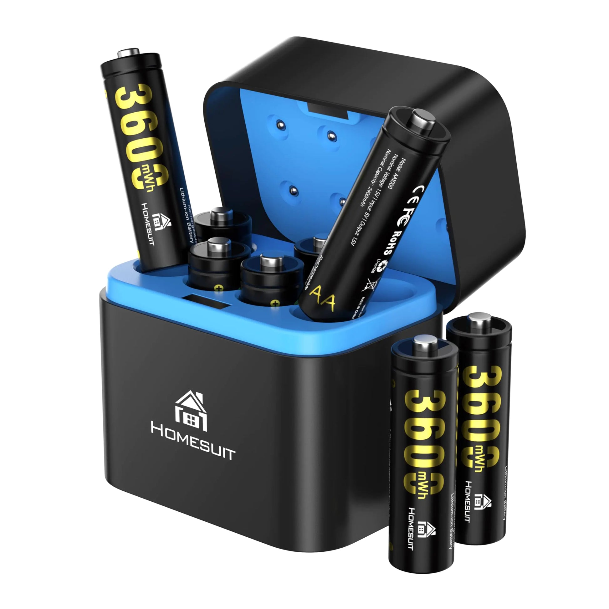 Homesuit Rechargeable Lithium AA Batteries 8-Pack with Fast Charger 3600mWh High Capacity Lithium Batteries AA 1.5V Constant Output Double A Batteries 2000+ Cycles AA Lithium Batteries Rechargeable