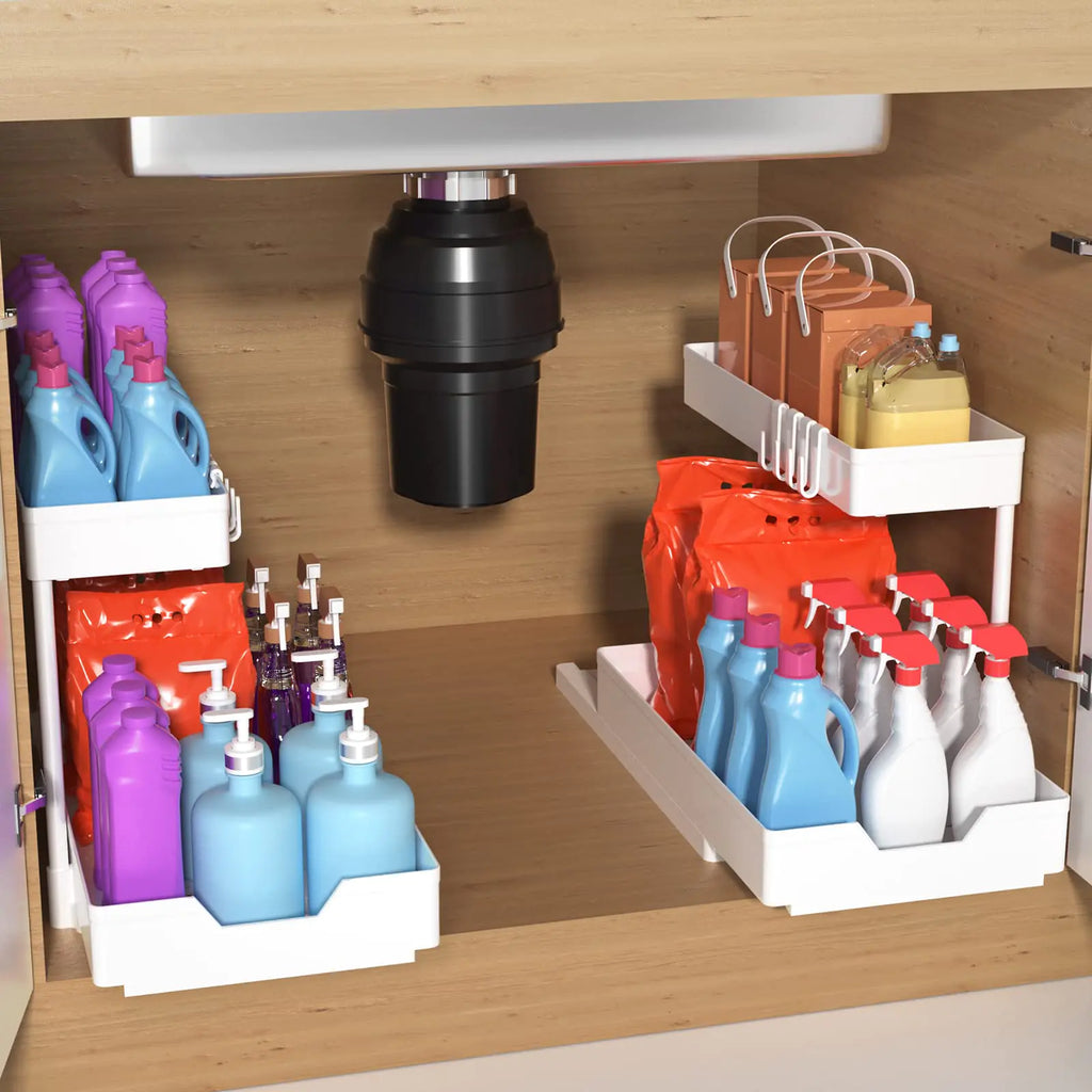 Minimalist Studio Under Sink Organizers and Storage L-Shape Kitchen Bathroom Organization 2-Tier Sliding Storage Under Bathroom Kitchen Sink Cabinet Organizer Shelf Pull Out 2 Pack (White)