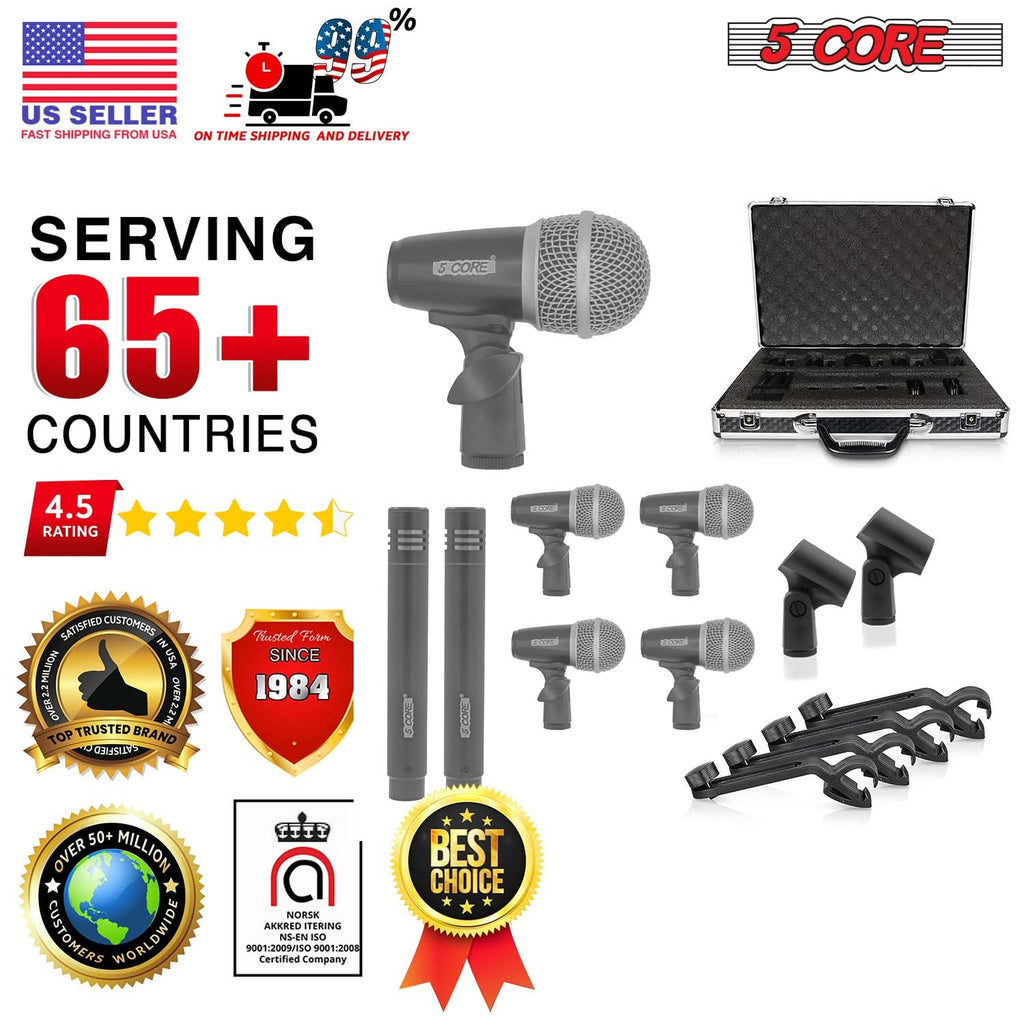 5Core Drum Mic Kit 7 Pcs Kick BassTom Snare Dynamic Mics Instrument
