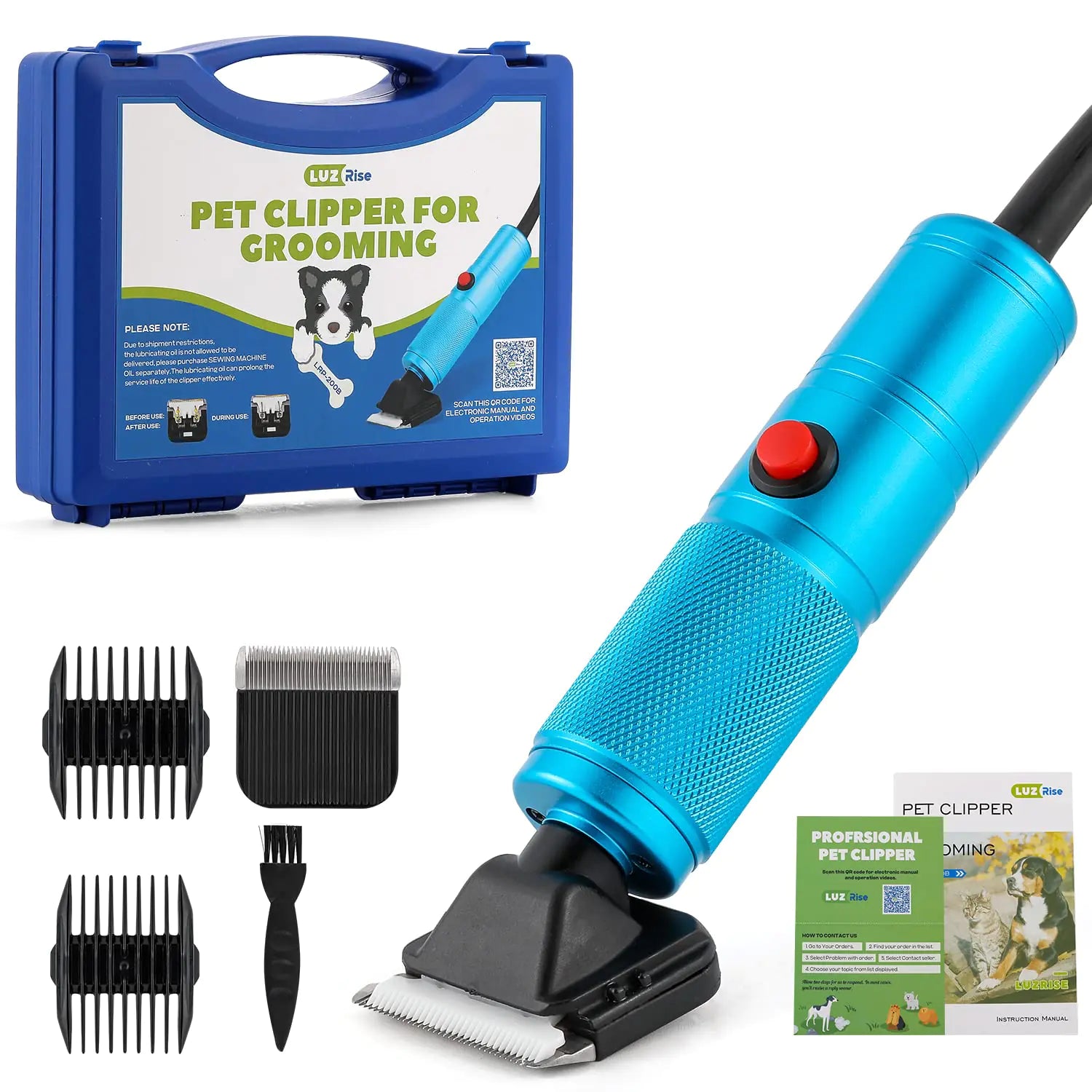 Pet Grooming Clippers 200W LuzRise (118 Power Cord Plug-in Stepless Speed Control Low Noise< 50db Heavy-Duty Commercial Grade with Extra Blade & 2 Guide Combs of 4 Sizes for Dog Cat and More)