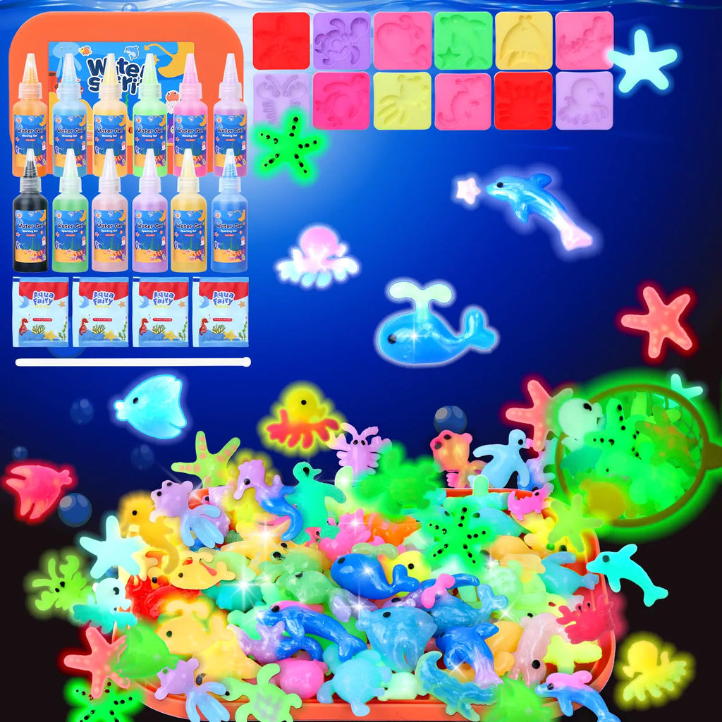 Glow in The Dark Magic Water Elf Toy Kit Aqua Fairy Water Gel Kit 12 Gels 12 Ocean Molds Squishy Maker Party Birthday Toys Gifts for 3-12 Years Boys Girls Arts & Crafts DIY STEM Kits for Kids