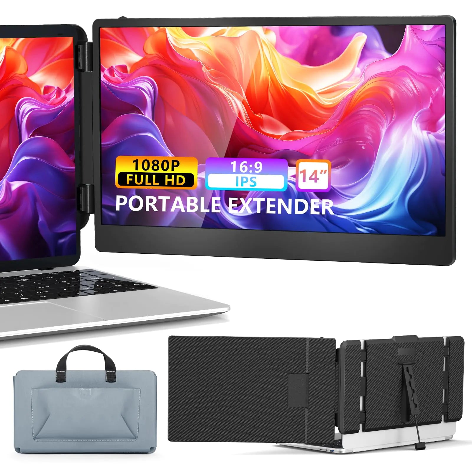 Laptop Screen Extender 14" Portable Monitor for Laptops 1080P FHD IPS Display Dual Extended Monitor for 13"-17" Laptops USB-C/HDMI Ports Plug & Play Compatible with Windows Mac Android Switch PS5