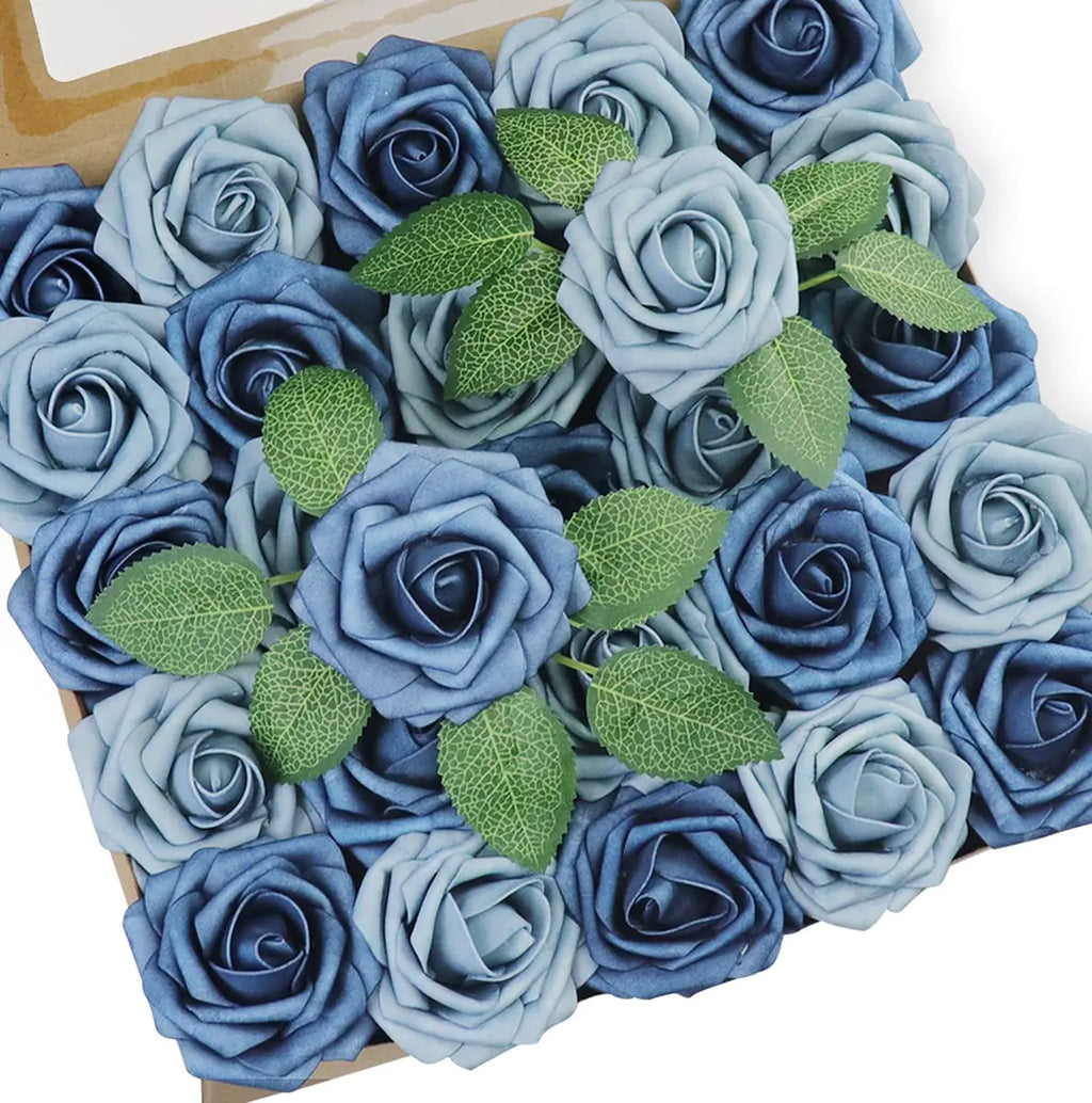 Jdsour 50pcs Artificial Flower，Real Touch Foam Roses w/Stem DIY for Wedding Bouquet Centerpieces Party Shower Home Decor-Dusty Blue Shades