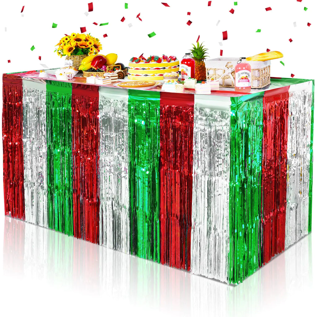 6 Pack Table Skirt Party Decorations Christmas Red Silver and Green Metallic Foil Fringe Tinsel Table Skirts Christmas Table Decorations for Christmas Birthday Italian Party Supplies 30 x 108 Inch
