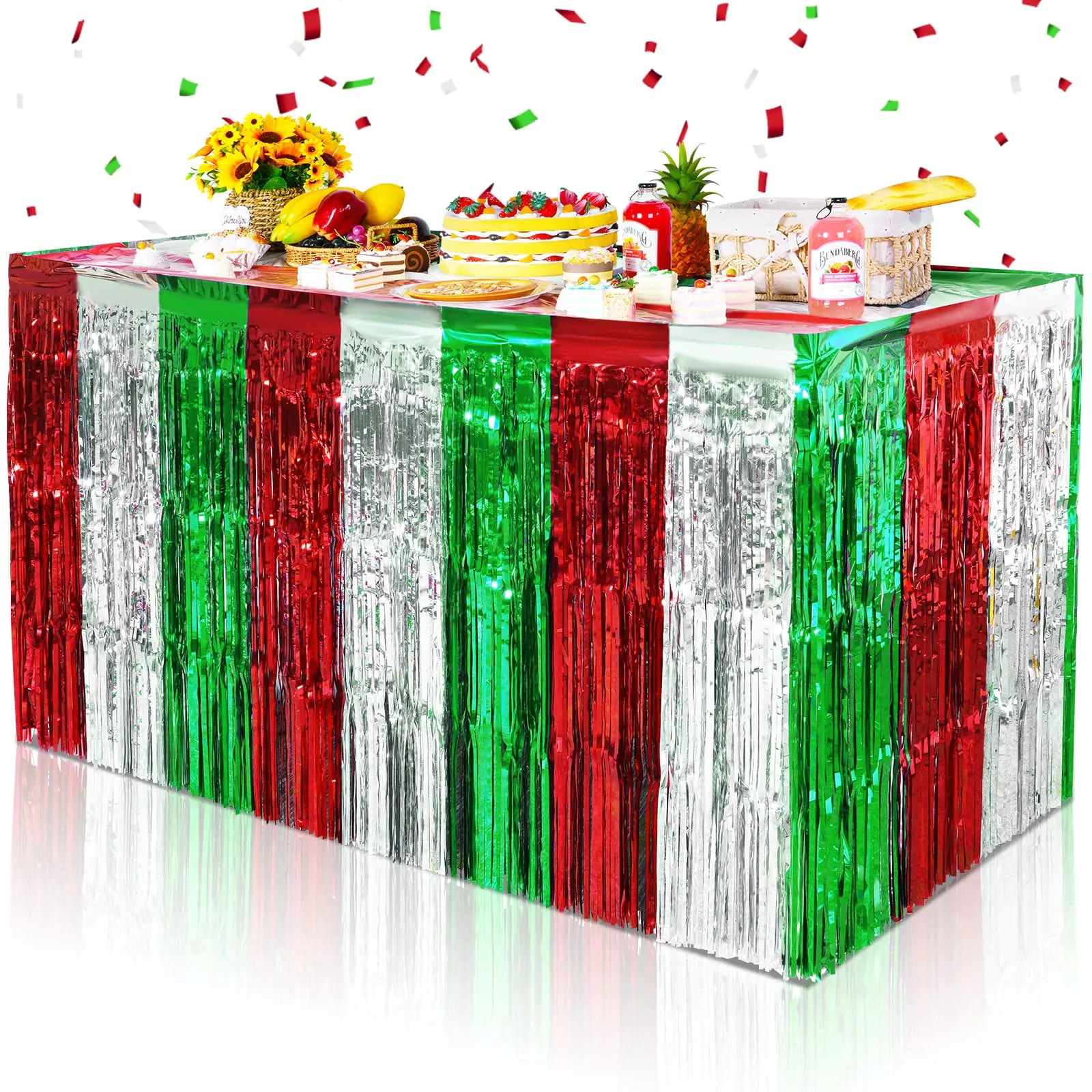 6 Pack Table Skirt Party Decorations Christmas Red Silver and Green Metallic Foil Fringe Tinsel Table Skirts Christmas Table Decorations for Christmas Birthday Italian Party Supplies 30 x 108 Inch