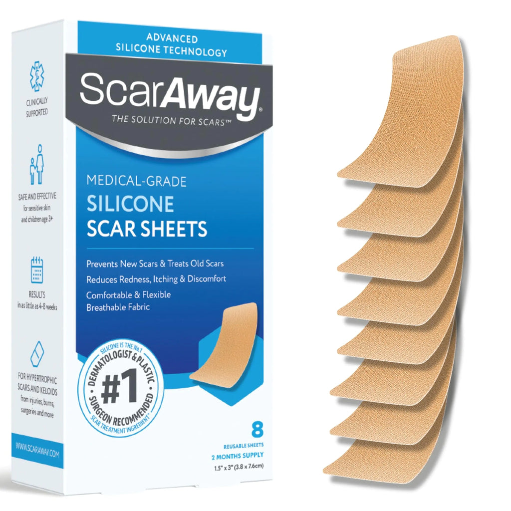 ScarAway Advanced Skincare Silicone Scar Sheets Medical Grade Silicone Strips No 1 Recommended Treatment for Surgical Burn Body Acne Hypertrophic & Keloid Scar Treatment 8 Tan Reusable Sheets