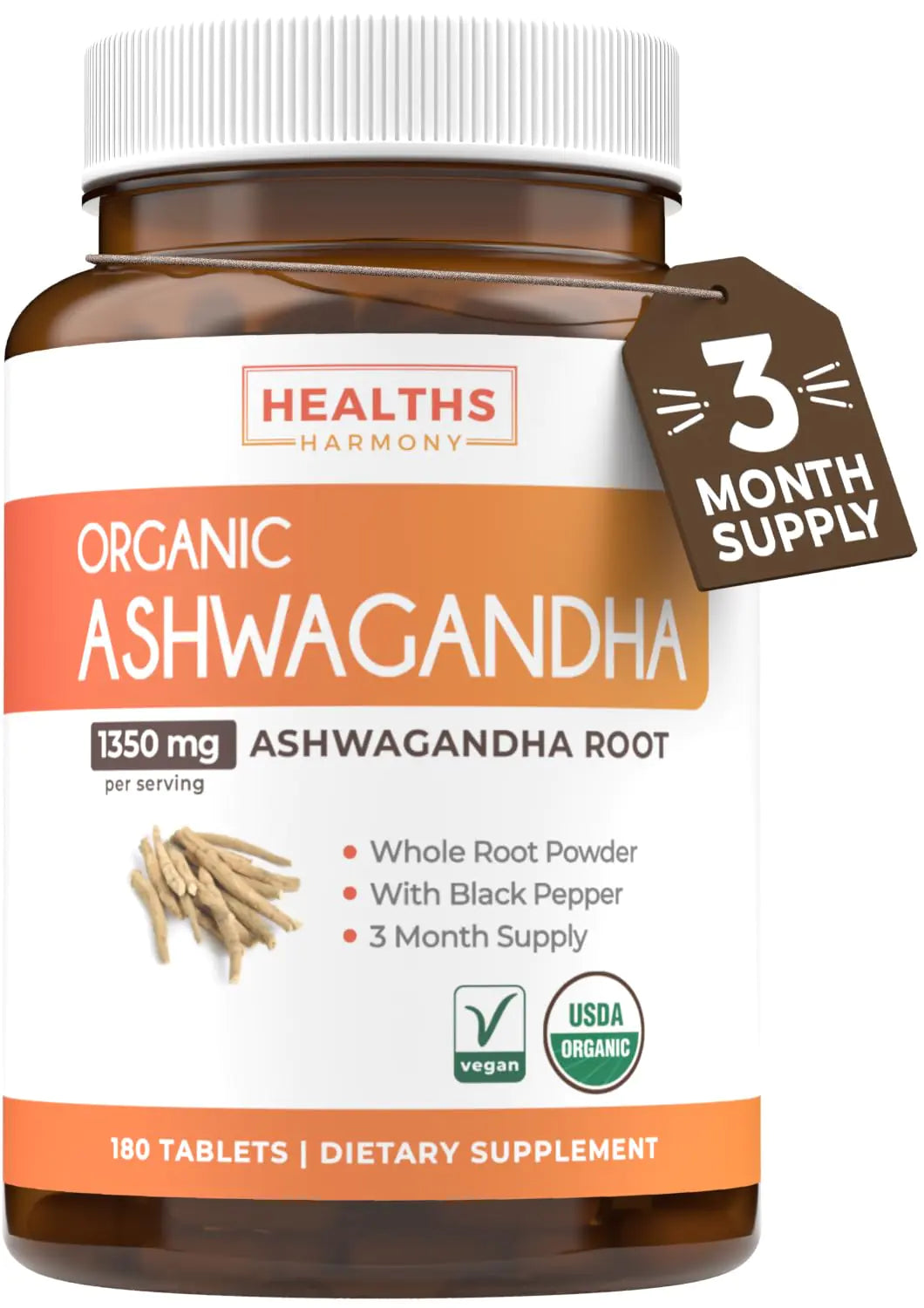 USDA Organic Ashwagandha (180 Vegetarian Tablets) 1350mg Ashwaganda Root Powder Per Serve with Black Pepper - Natural Adrenal Support Cortisol & Thyroid Support Immune Support (No Pills or Capsules)