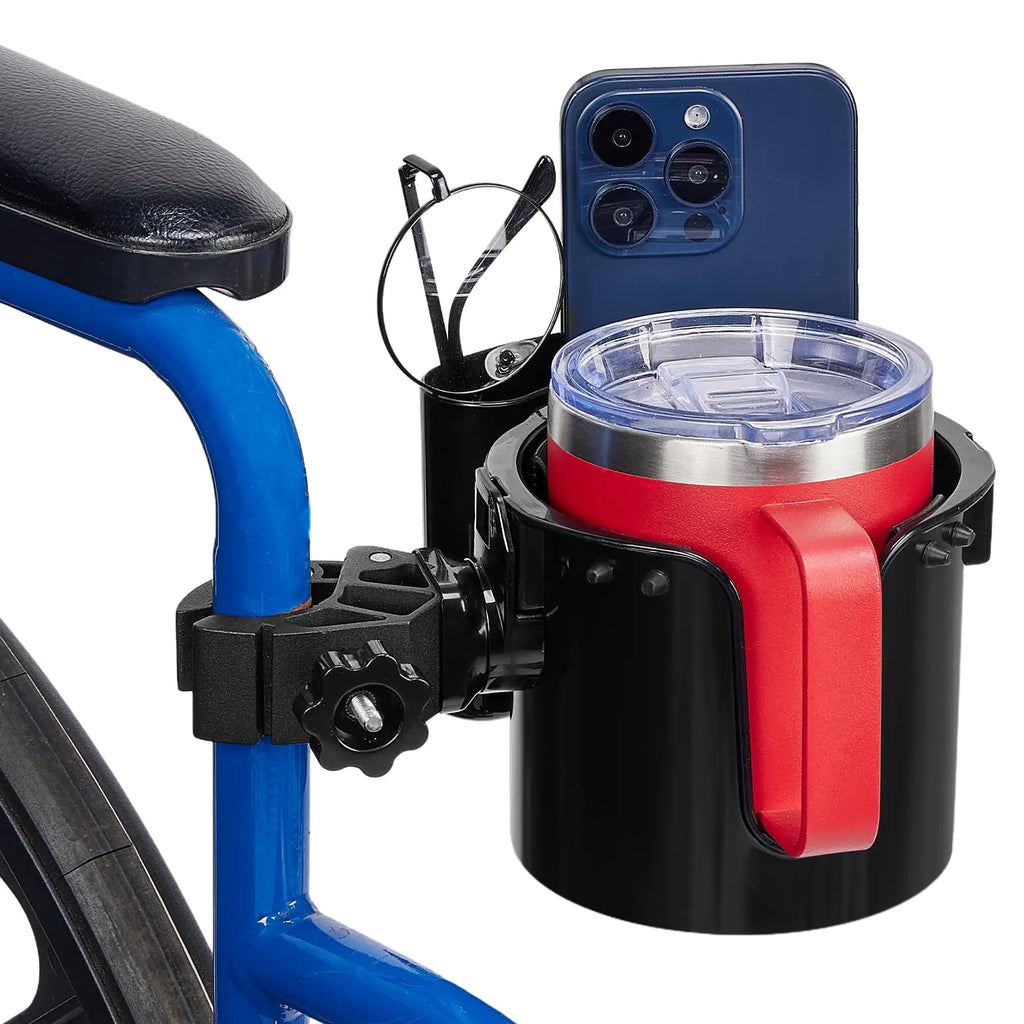 JOYTUTUS Wheelchair Cup Holder 2-in-1 Walker Cup Holder with 4.72 Small Storage Box Drink Holder for Bottle with Handle Fit for Wheelchair Walker Rollator Stroller Camper Golf cart (Small)