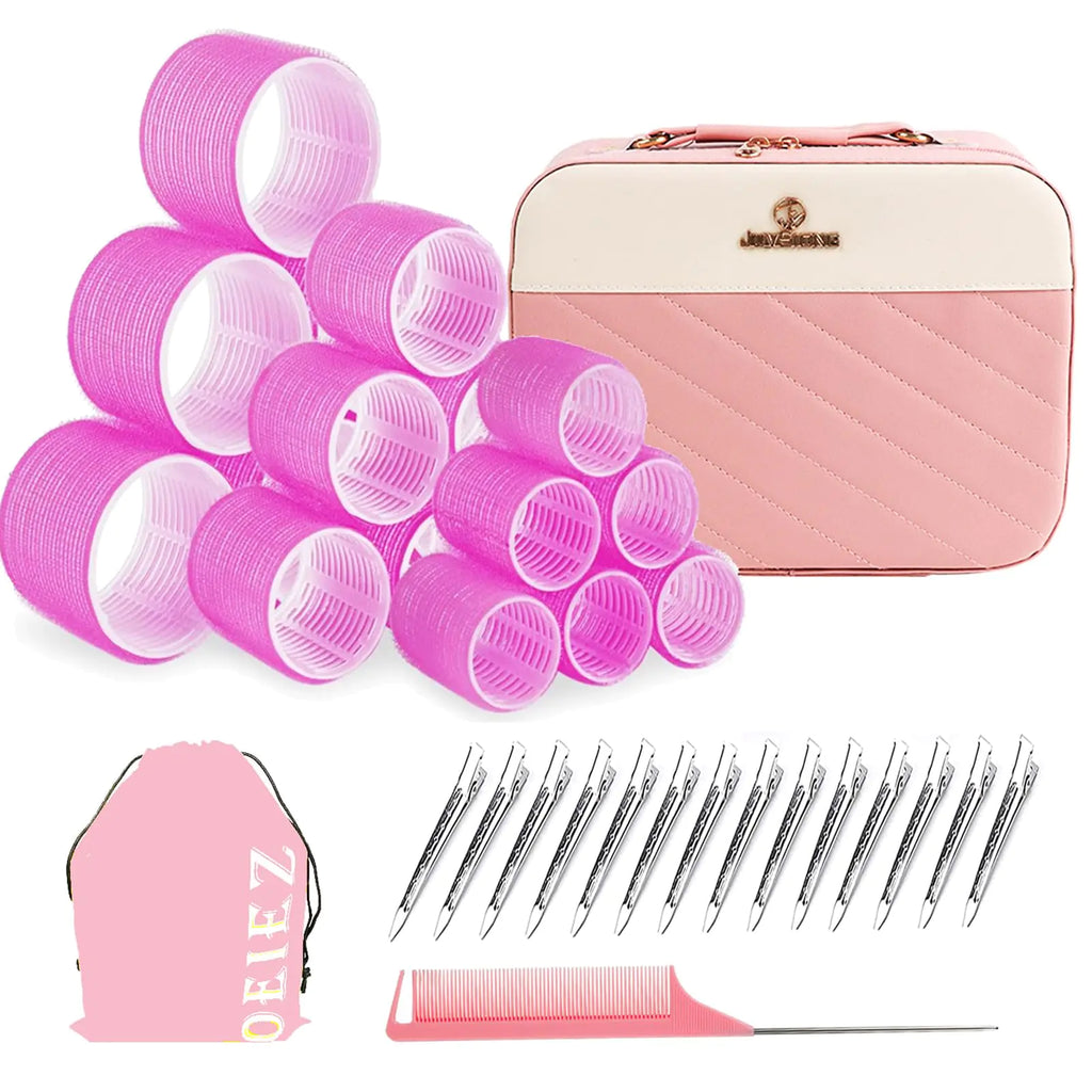 Hair Roller SetHeatless Hair CurlersSelf Grip Hair Rollers Salon Hairdressing Curlers DIY Hair Styles 3sizes Jumbo Large Medium 18pcs Rollers with Makeup Case & Clips & Comb (Pink)