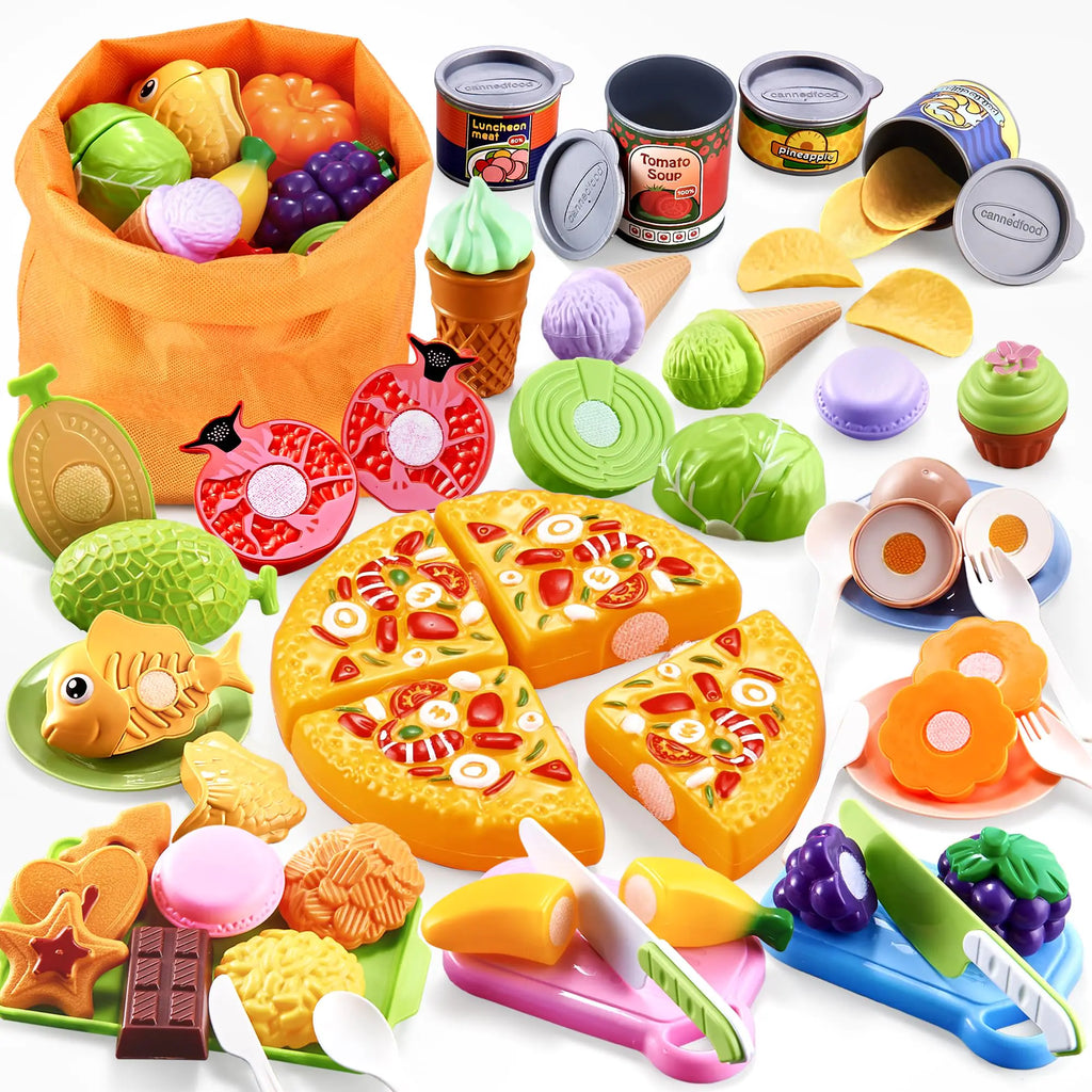 DawnReach Play Food Sets for Kids Kitchen66PCS Play Kitchen AccessoriesCutting Toy Food Kids Kitchen Accessories with PizzaFruits & Storage BagEducational Toys Gift for Boys Girls 3 Year Old