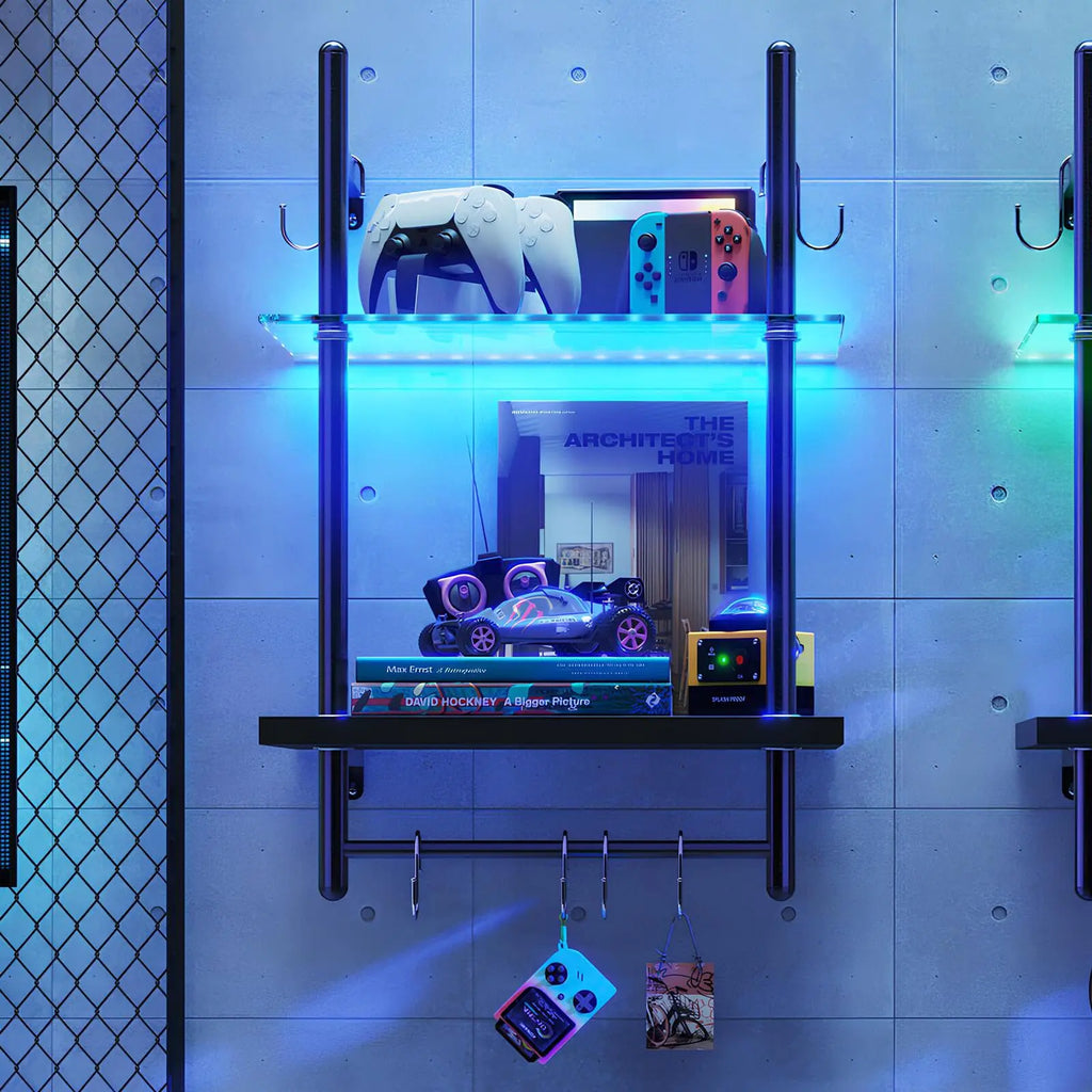 Bestier LED Gaming Floating Shelves for Wall 15" Wall Mounted Shelf Pipe Glass Shelves 2 Tier Hanging Display Rack with 6 S-Hooks Towel Bar Gaming Room Decor Shelf Carbon Fiber Black