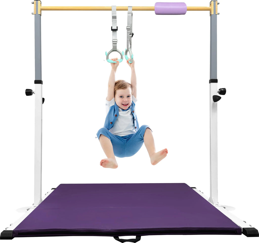 JOYSFIT Adjustable Gymnastics Bar for Kids with Mat - Sturdy Kip Bar with Rings Horizontal Bar for Home Training 3-5 Height Ages 3-15 250 LBS Capacity Easy Assembly.