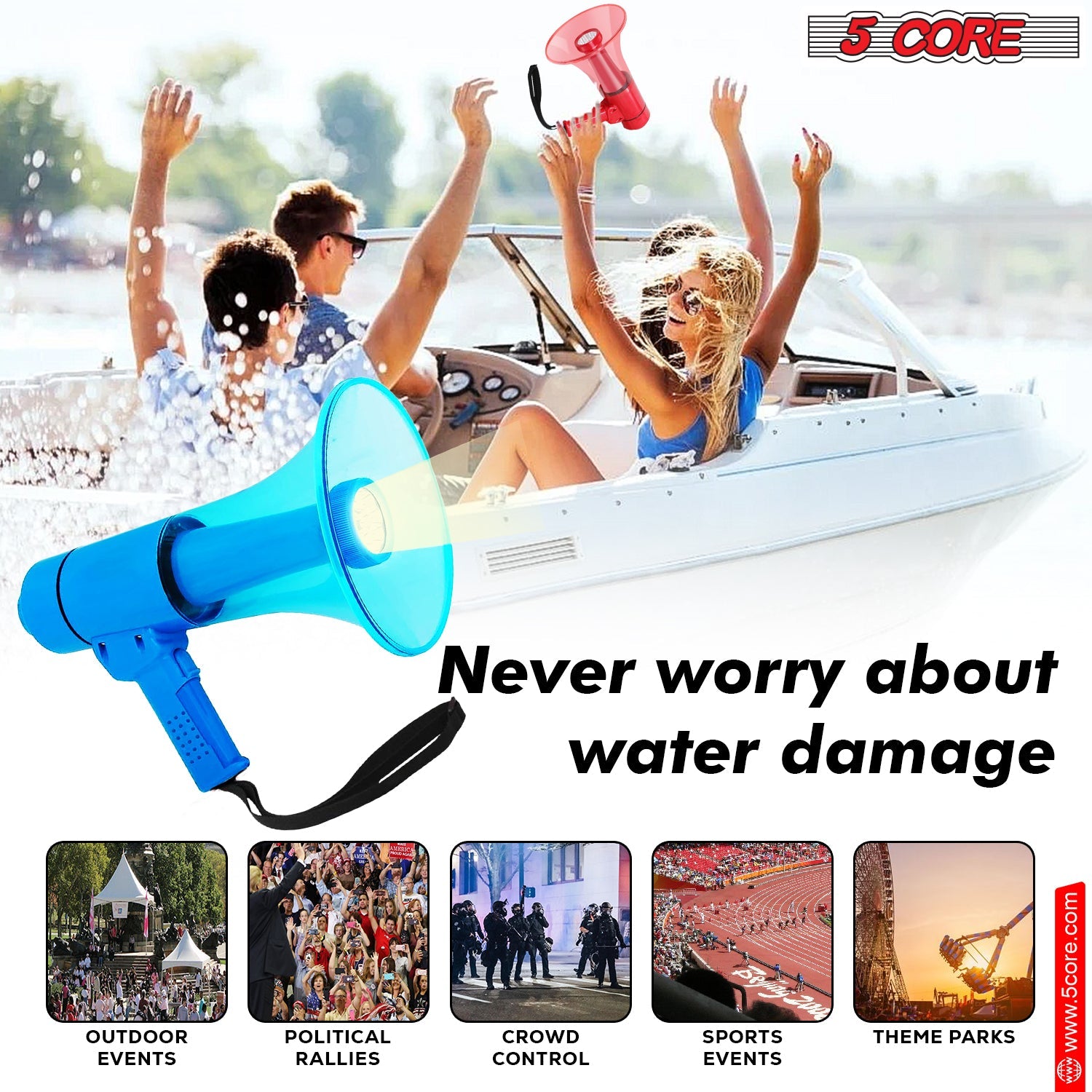 5Core Megaphone Bullhorn Speaker w Siren LED Light Adjustable Volume