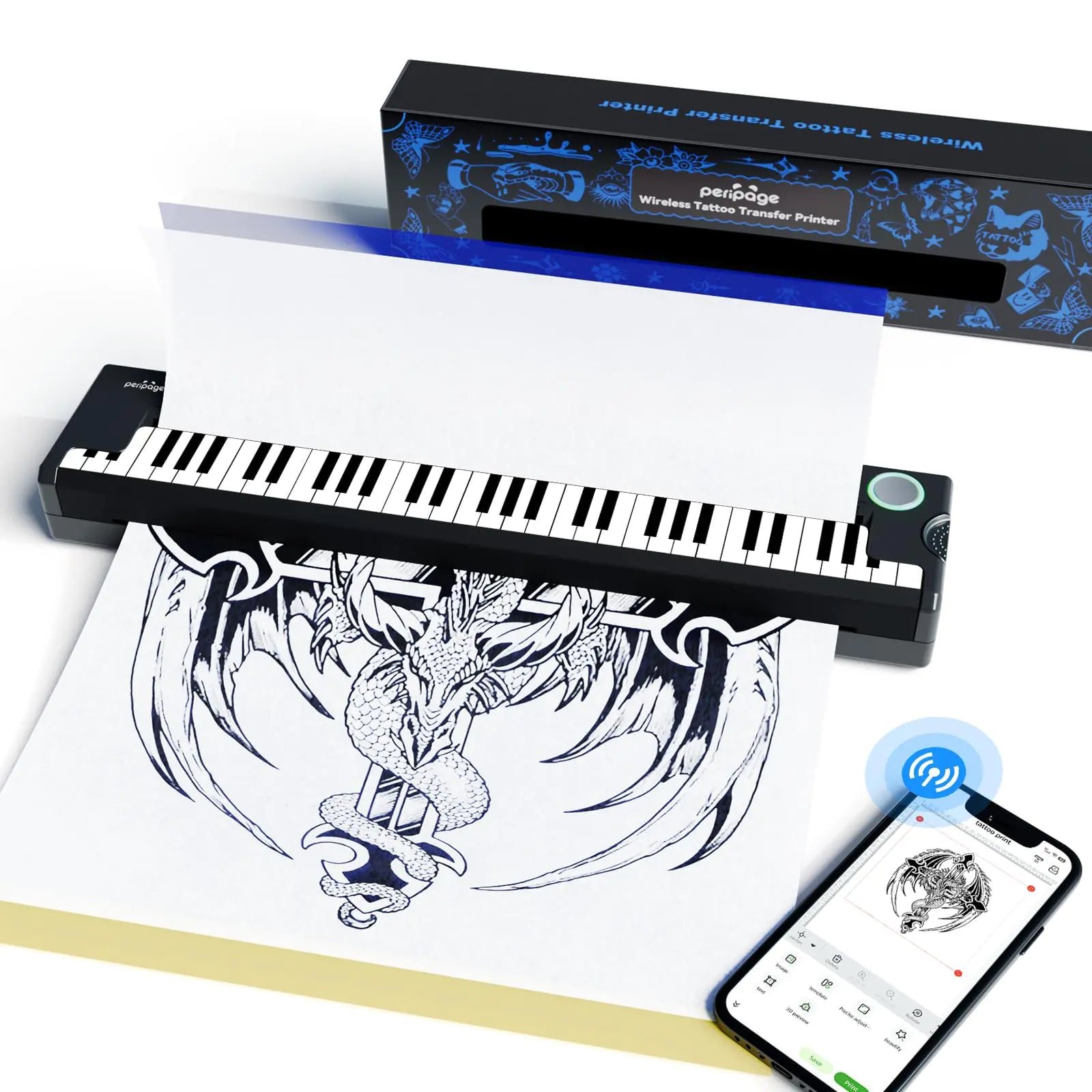 PeriPage Pino Wireless Tattoo Stencil Printer - Portable Thermal Transfer Machine for Pro & Beginner Tattooists Compatible with Phone Pad & PC