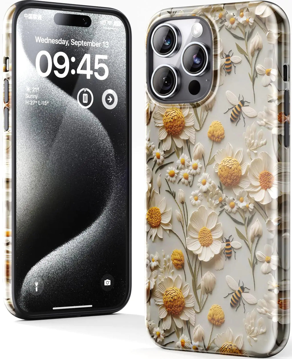 DorisMax for iPhone 15 Pro Max Case - Wireless Charging Compatible - Dual-Layer Hard Shell + Silicone Cover - Shockproof Protective Phone Case with Stylish Designs for Women - Flower and Bumblebee