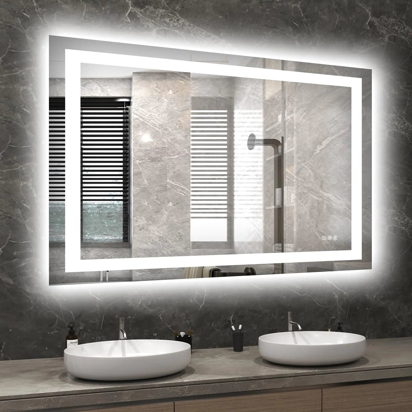 Hivone LED Bathroom Mirror with Lights 40x34 Wall Vanity LED Mirror Stepless DimmableDouble Front and BacklightAnti-FogMemory Smart Mirror for Bathroom