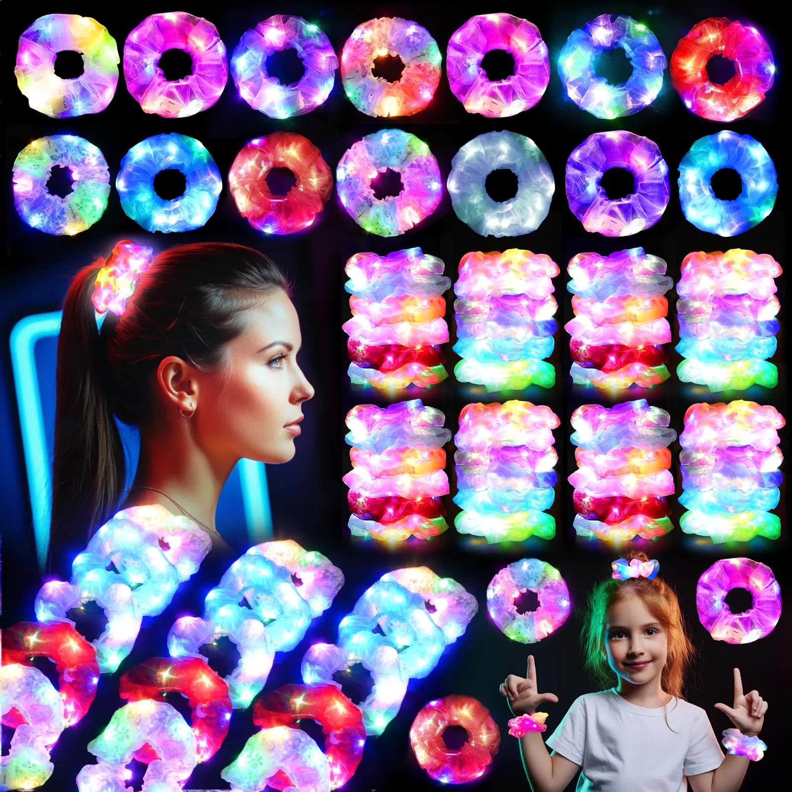 SHQDD 18PCS LED Scrunchies Light Up Scrunchies for Girls Rave Accessories for Women Glow in the Dark Hair Glowing Party Supplies Christmas Decorations for Neon Glow Party New Year Carnival