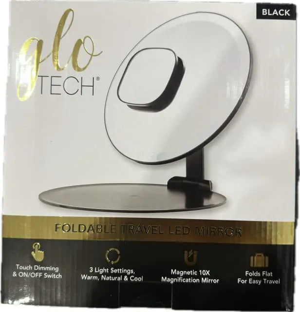 Glo-Tech Foldable Travel LED Mirror 3 Light Settings 10X Magnification Touch Dimming (Black)